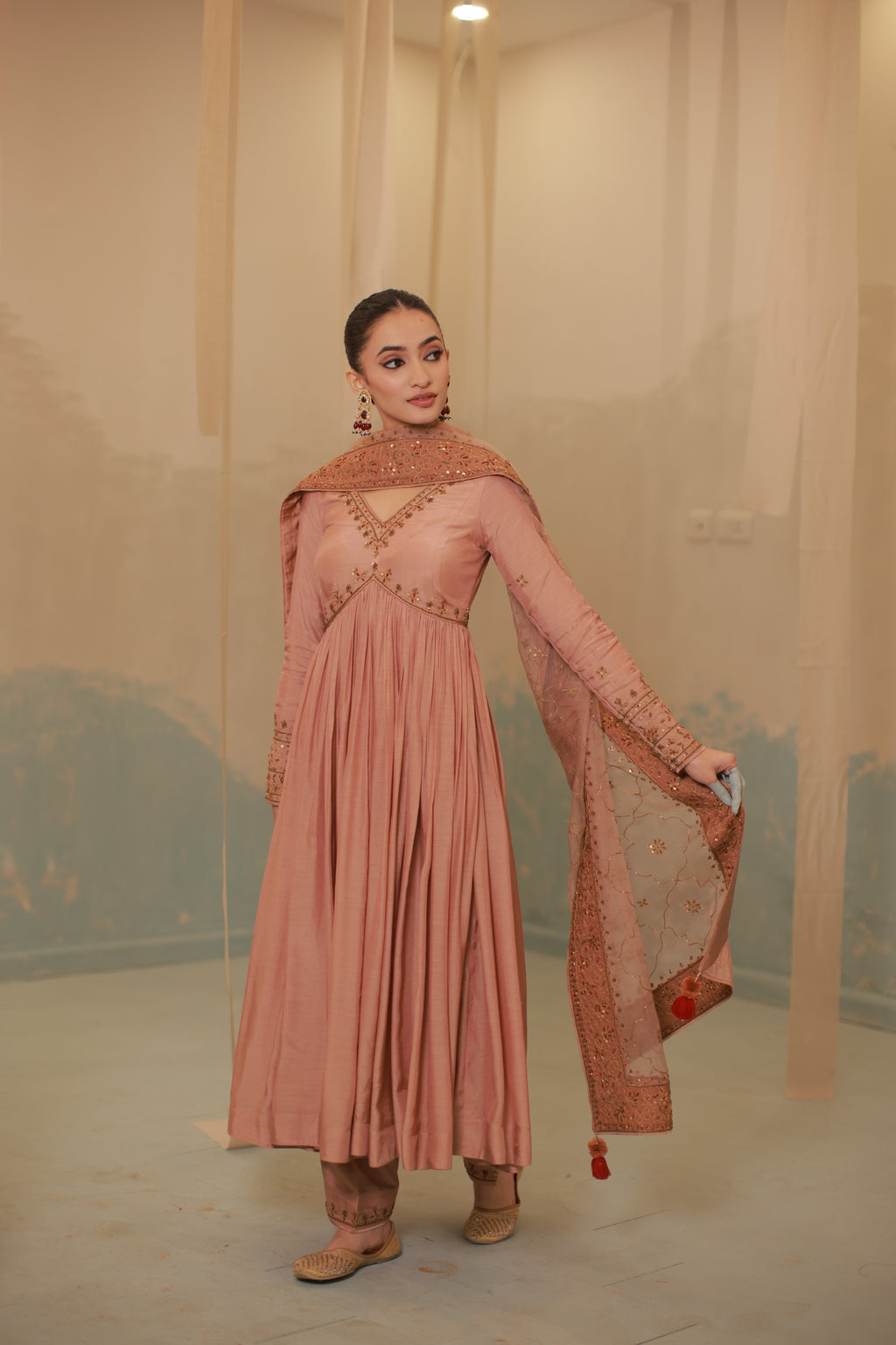 Cinnamon brown mul silk hand embroidered anarkali suit set