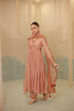 Cinnamon brown mul silk hand embroidered anarkali suit set
