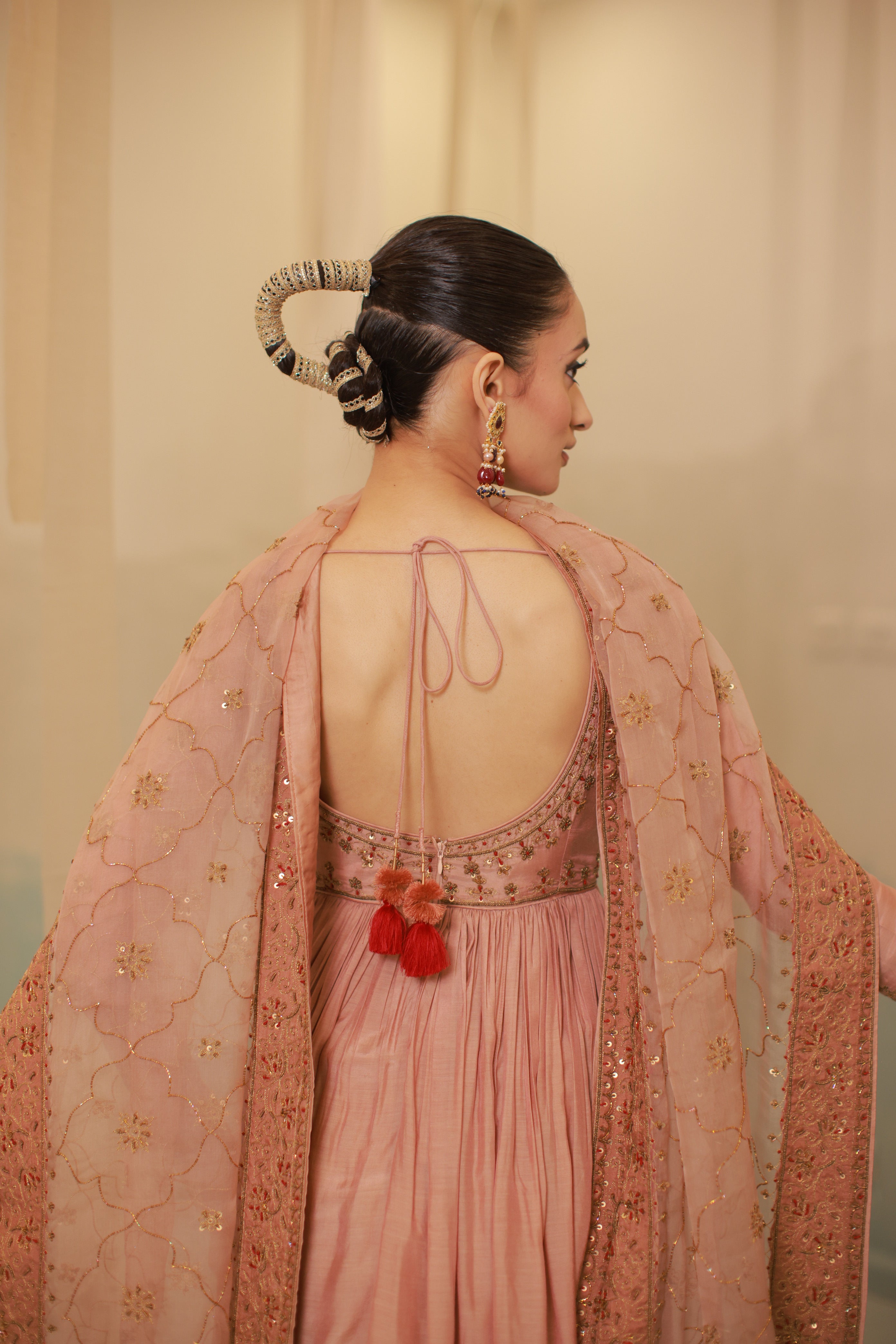 Cinnamon brown mul silk hand embroidered anarkali suit set