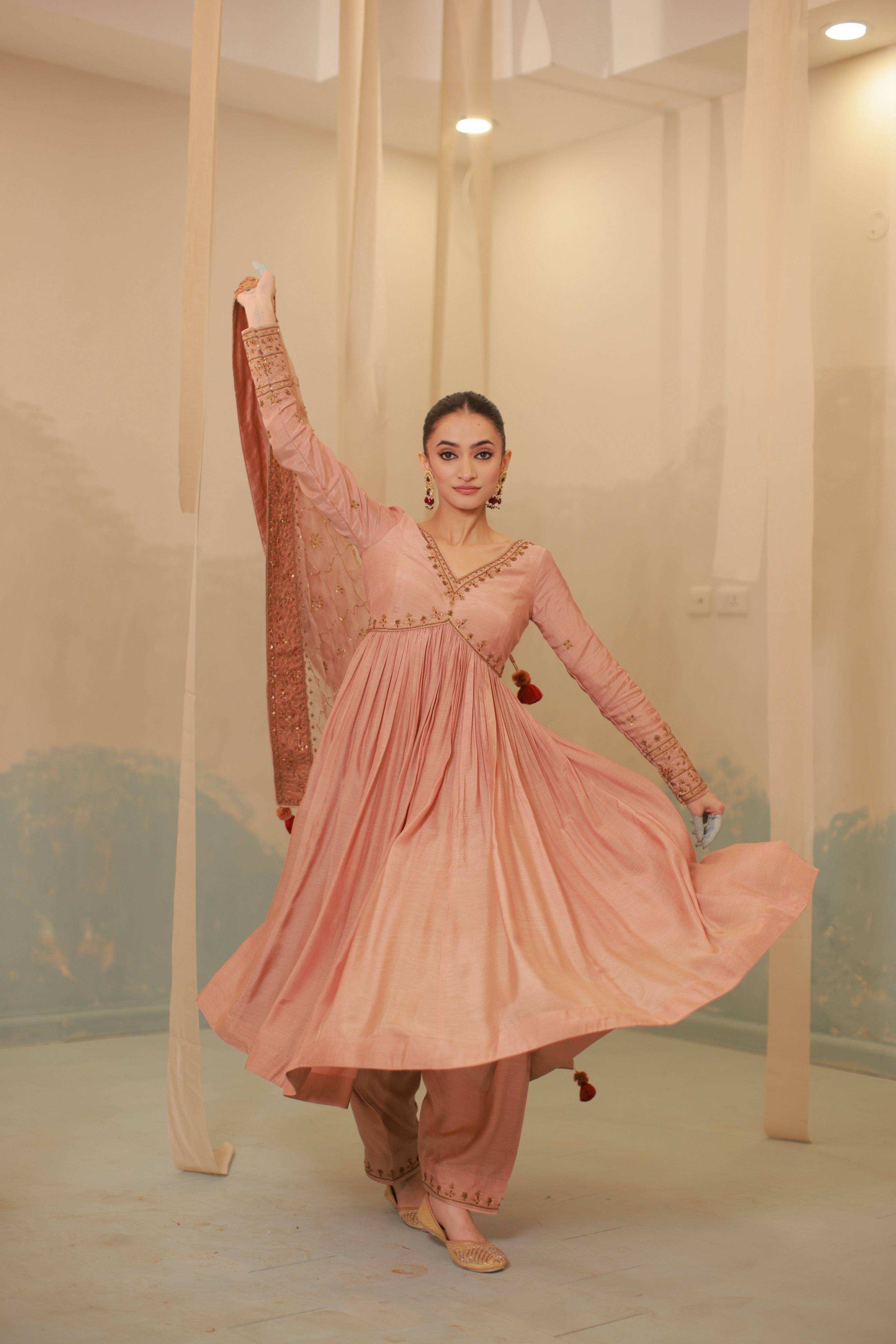 Cinnamon brown mul silk hand embroidered anarkali suit set