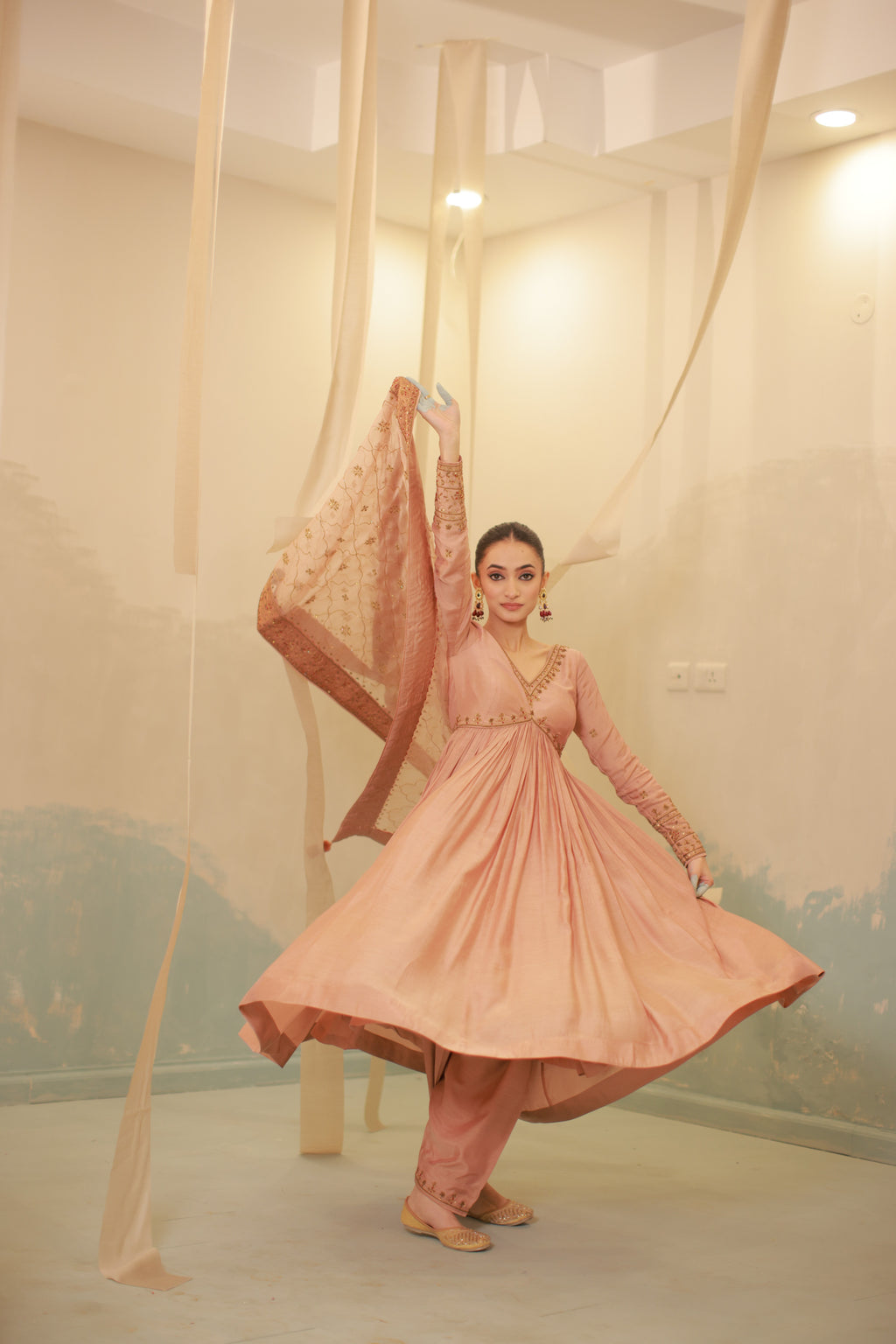 Cinnamon brown mul silk hand embroidered anarkali suit set