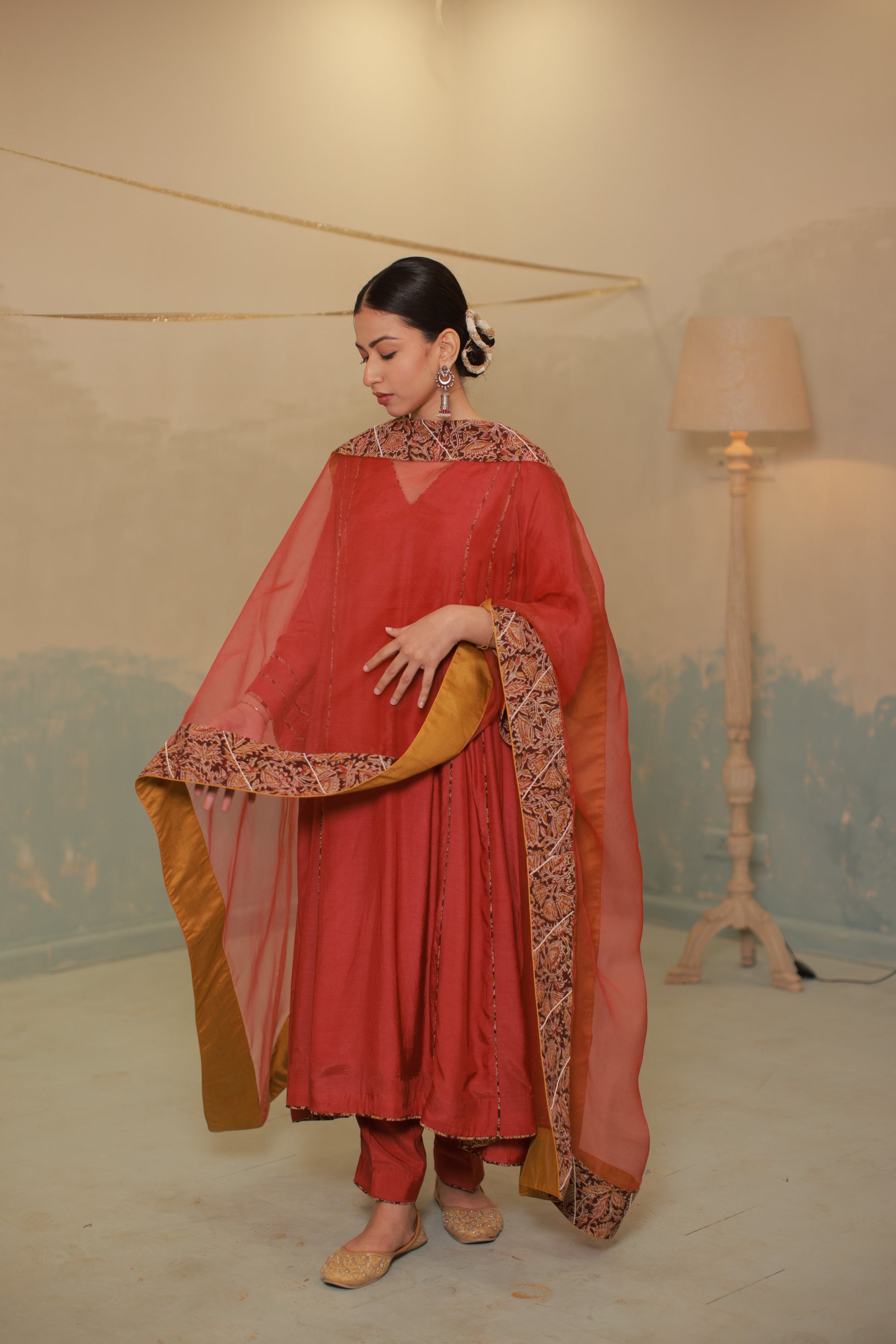 Deep red cotton silk anarkali suit set with Ajrakh detailing
