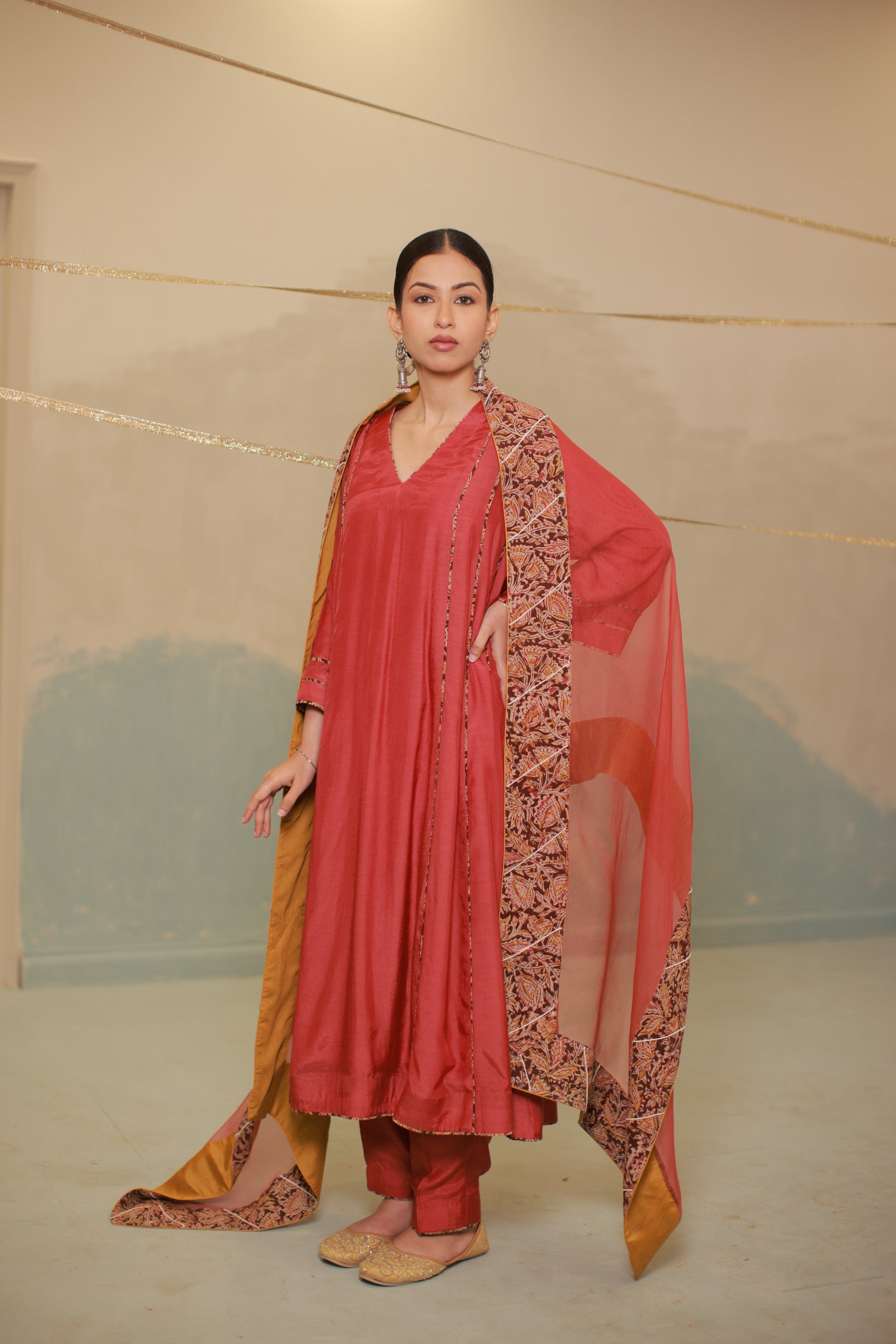 Deep red cotton silk anarkali suit set with Ajrakh detailing
