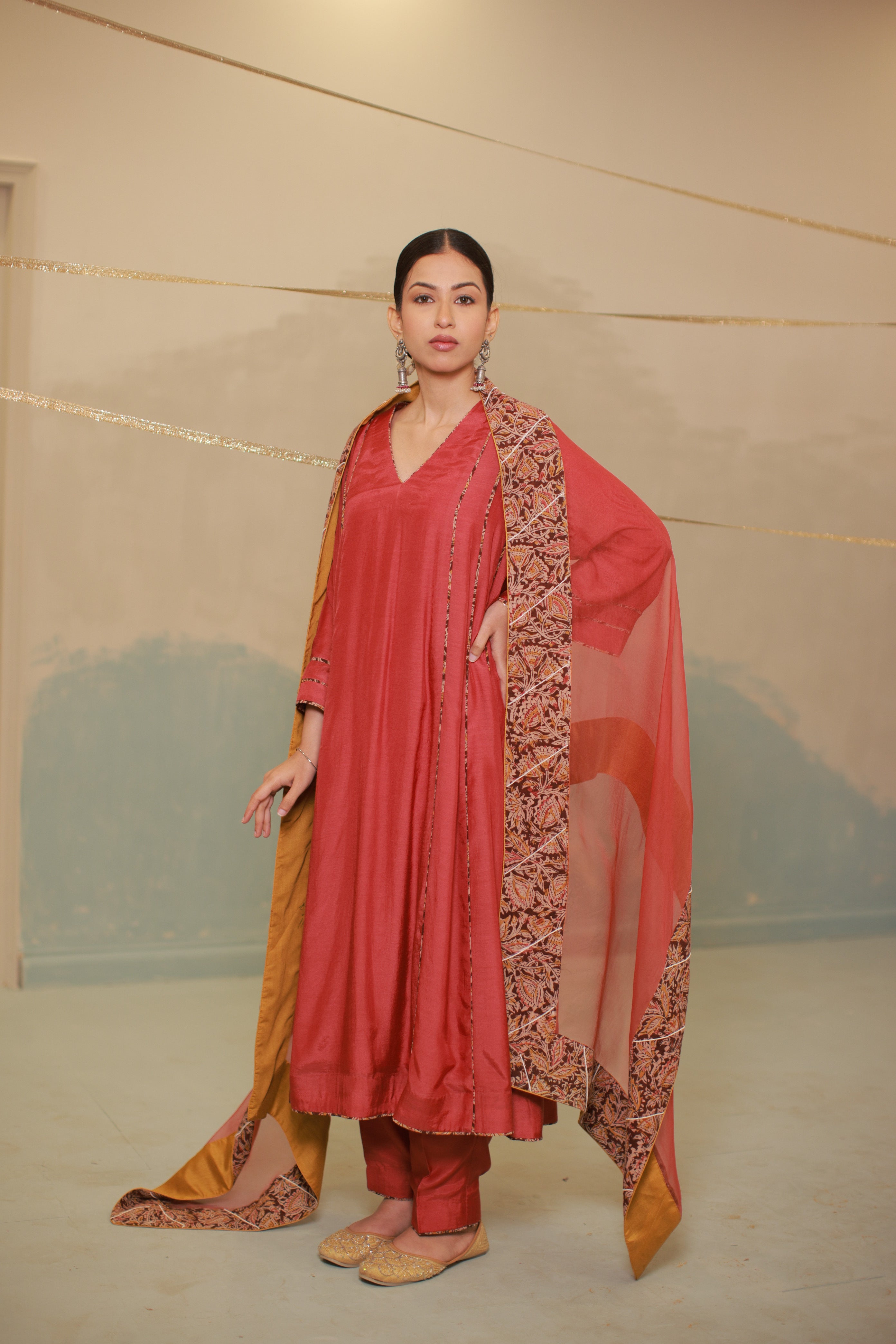 Deep red cotton silk anarkali suit set with Ajrakh detailing