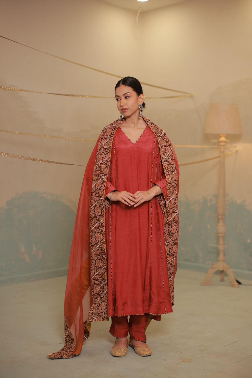 Deep red cotton silk anarkali suit set with Ajrakh detailing