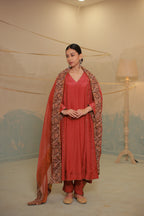 Deep red cotton silk anarkali suit set with Ajrakh detailing