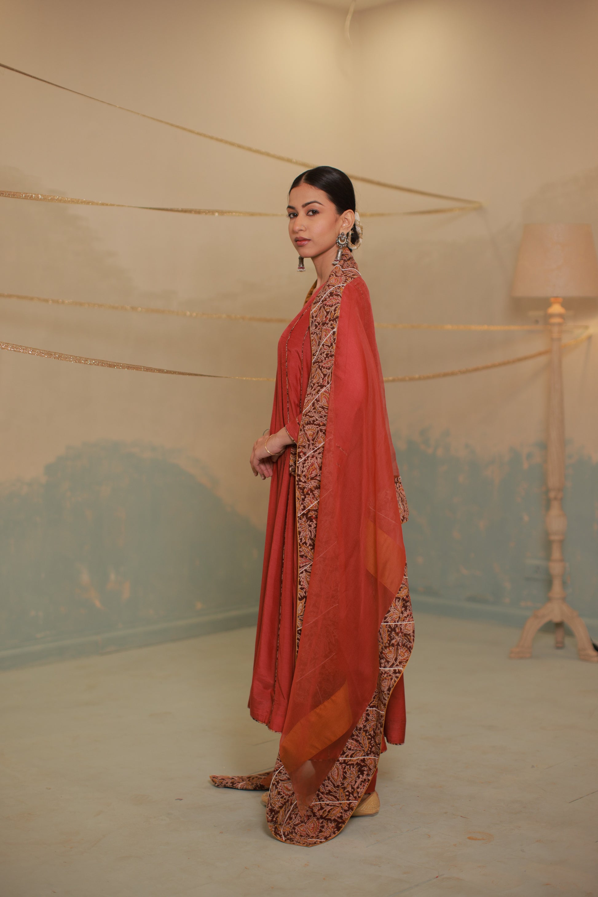 Deep red cotton silk anarkali suit set with Ajrakh detailing