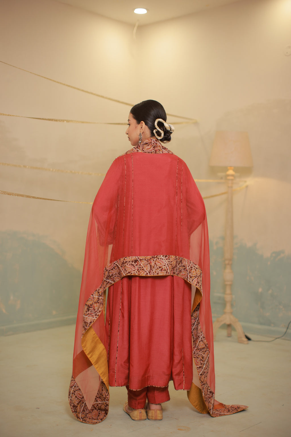 Deep red cotton silk anarkali suit set with Ajrakh detailing