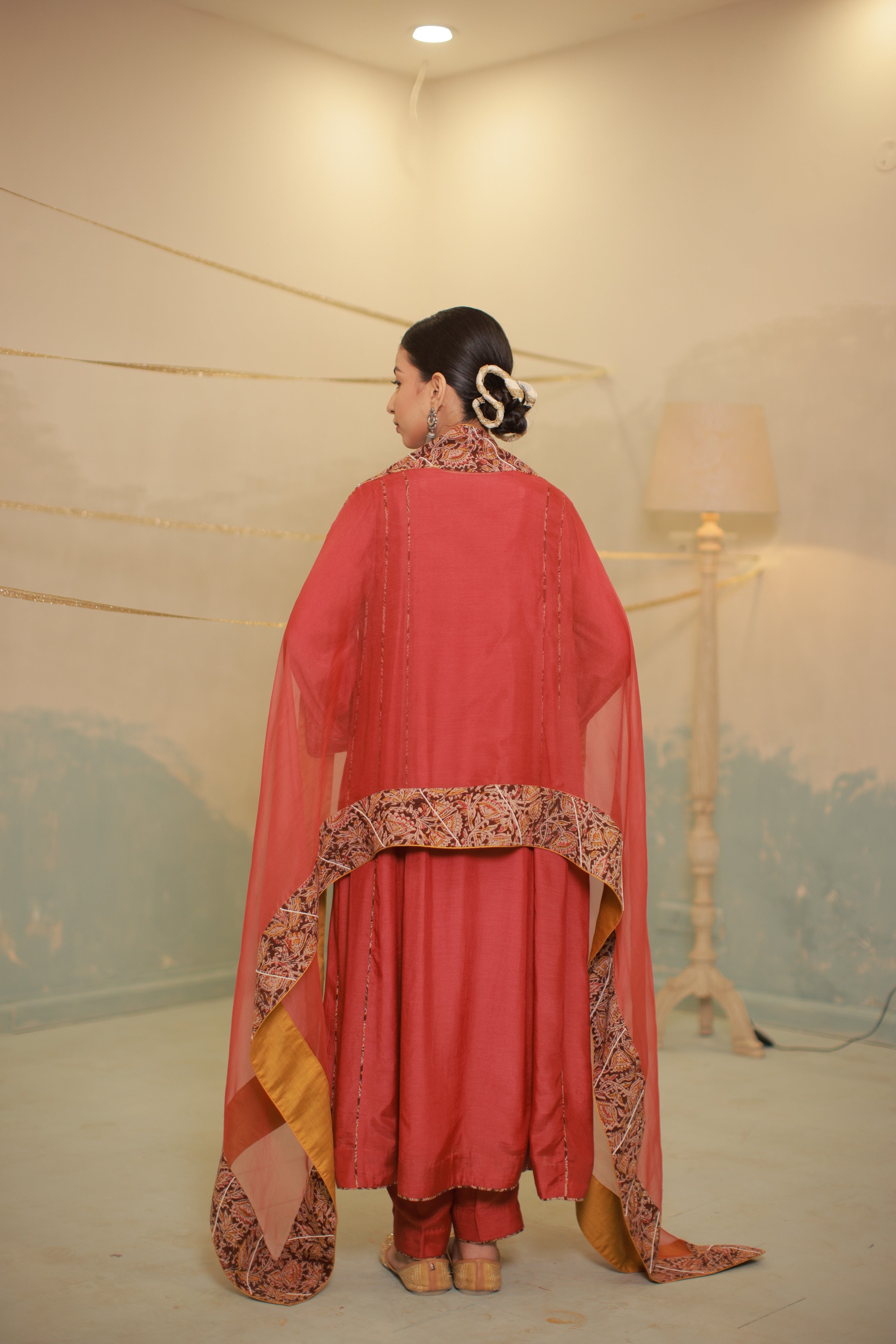 Deep red cotton silk anarkali suit set with Ajrakh detailing
