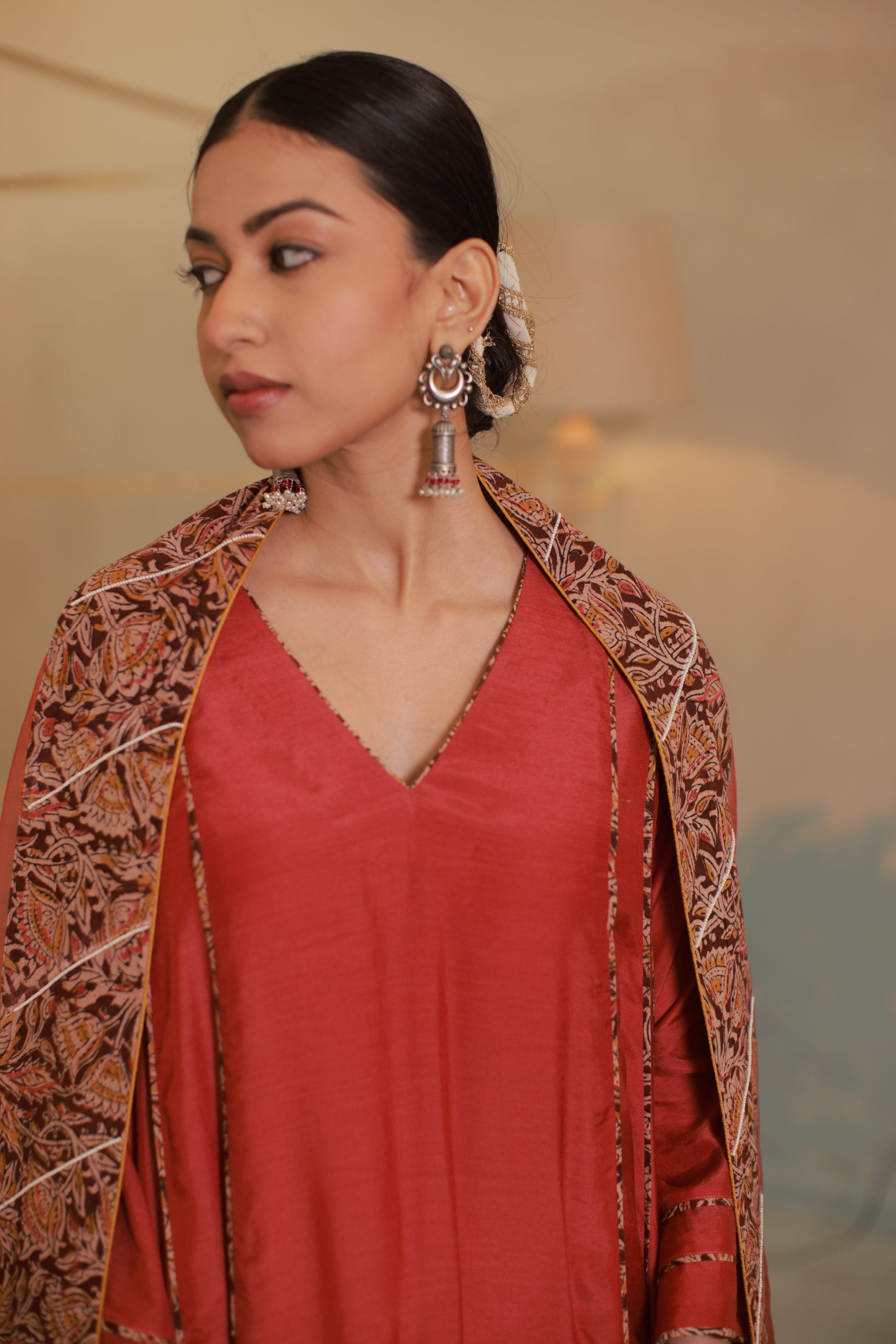 Deep red cotton silk anarkali suit set with Ajrakh detailing