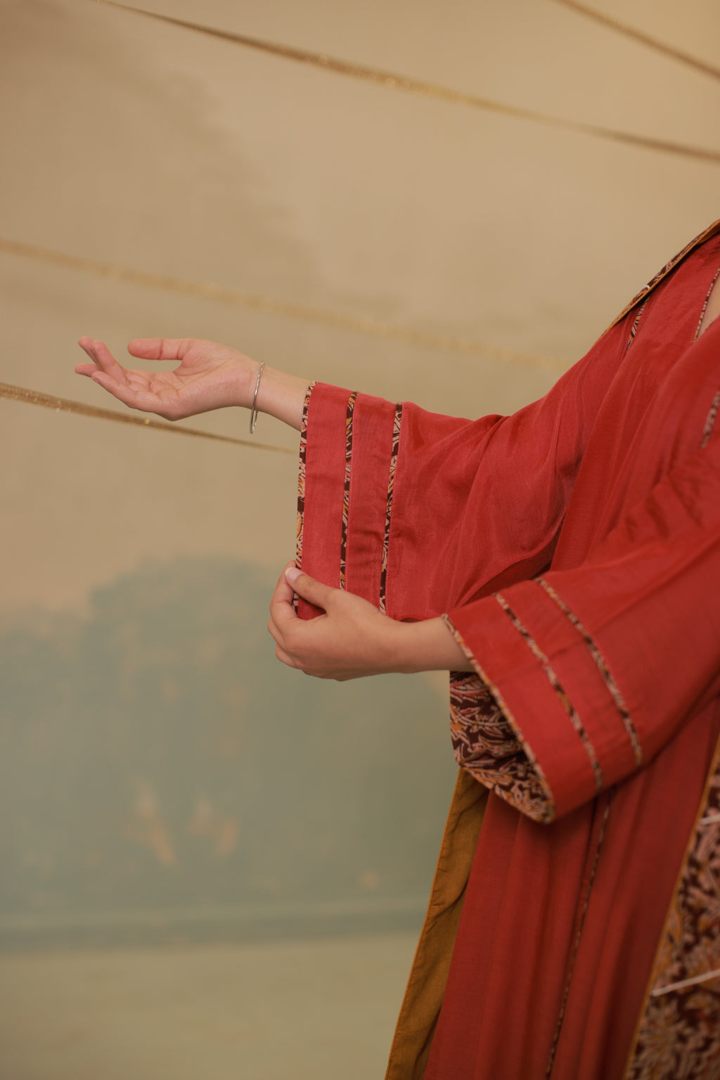 Deep red cotton silk anarkali suit set with Ajrakh detailing