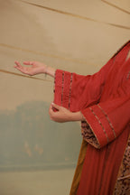 Deep red cotton silk anarkali suit set with Ajrakh detailing