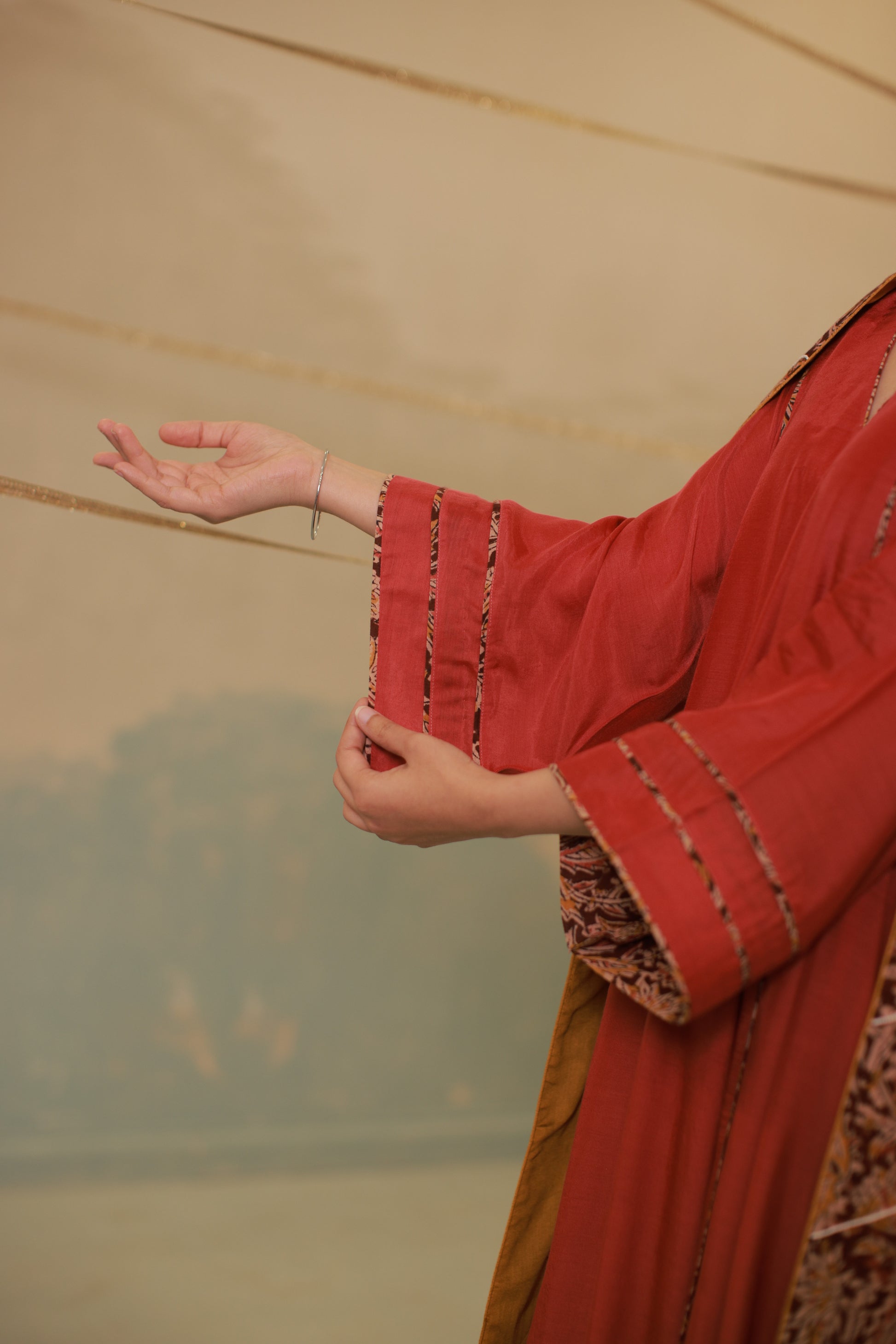 Deep red cotton silk anarkali suit set with Ajrakh detailing