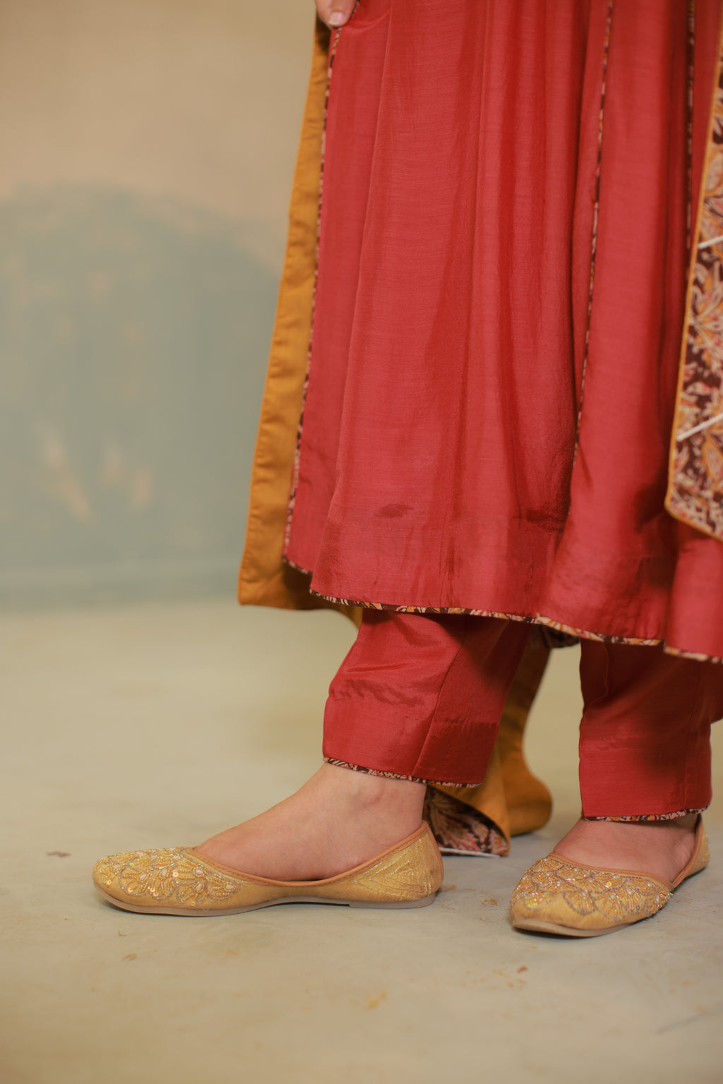 Deep red cotton silk anarkali suit set with Ajrakh detailing