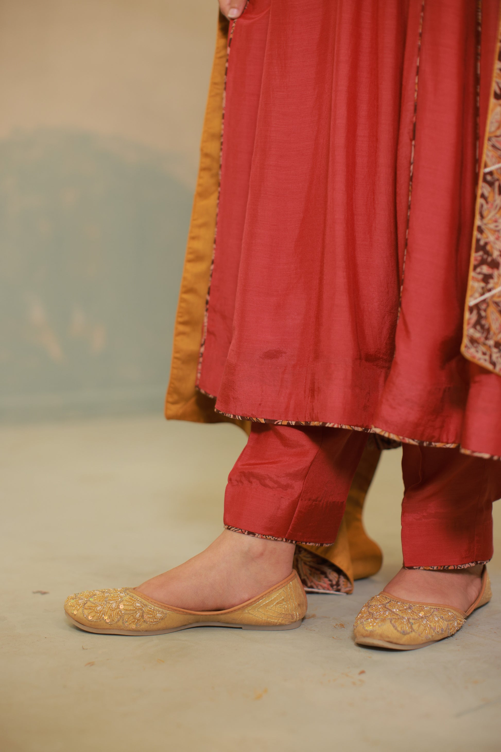 Deep red cotton silk anarkali suit set with Ajrakh detailing
