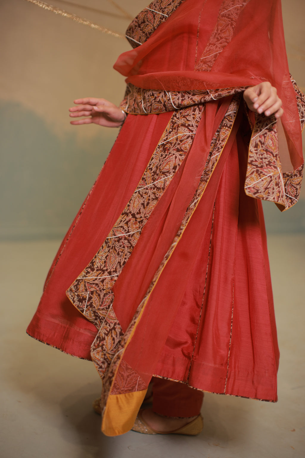 Deep red cotton silk anarkali suit set with Ajrakh detailing
