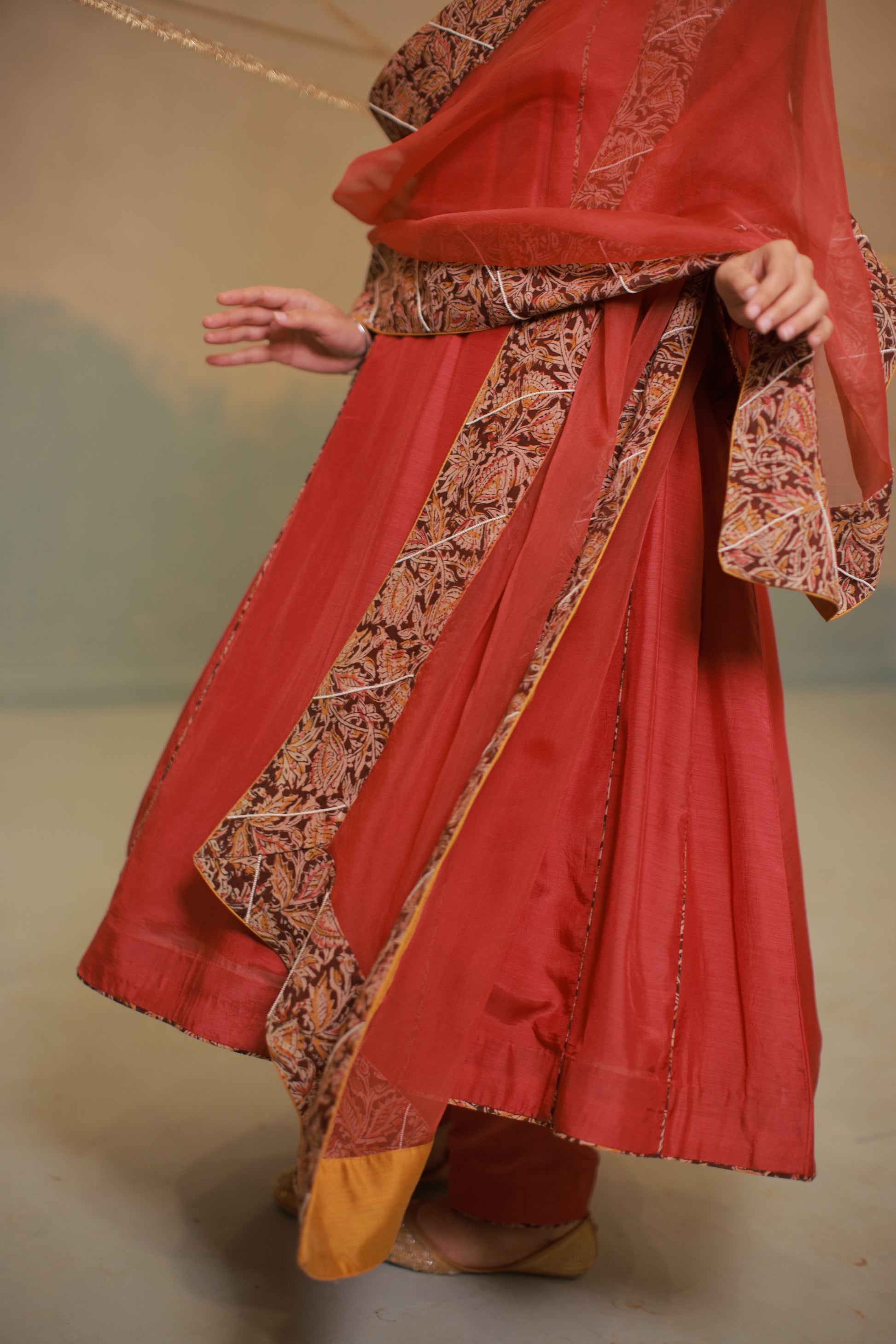 Deep red cotton silk anarkali suit set with Ajrakh detailing