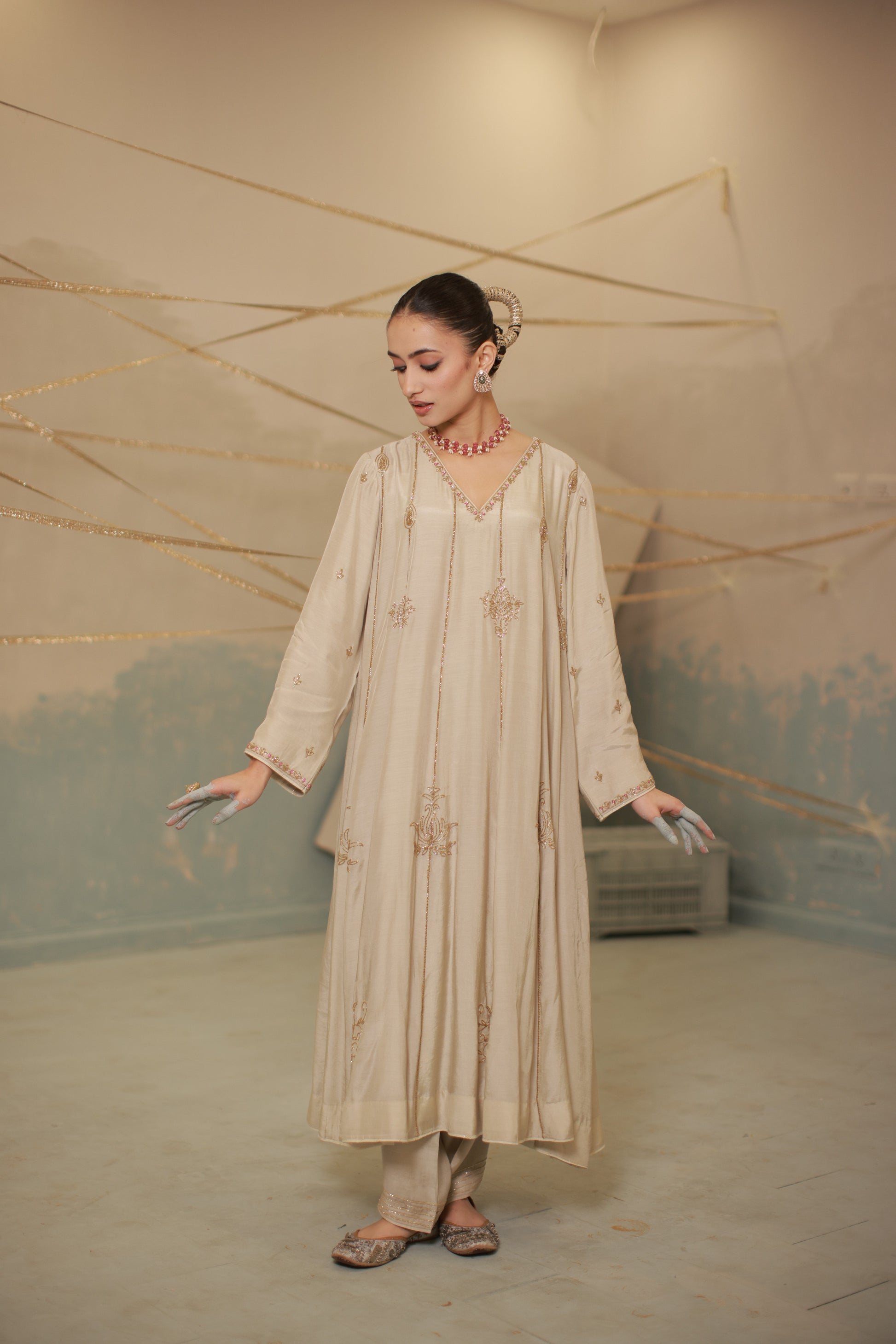 Grey ivory hand embroidered anarkali suit set