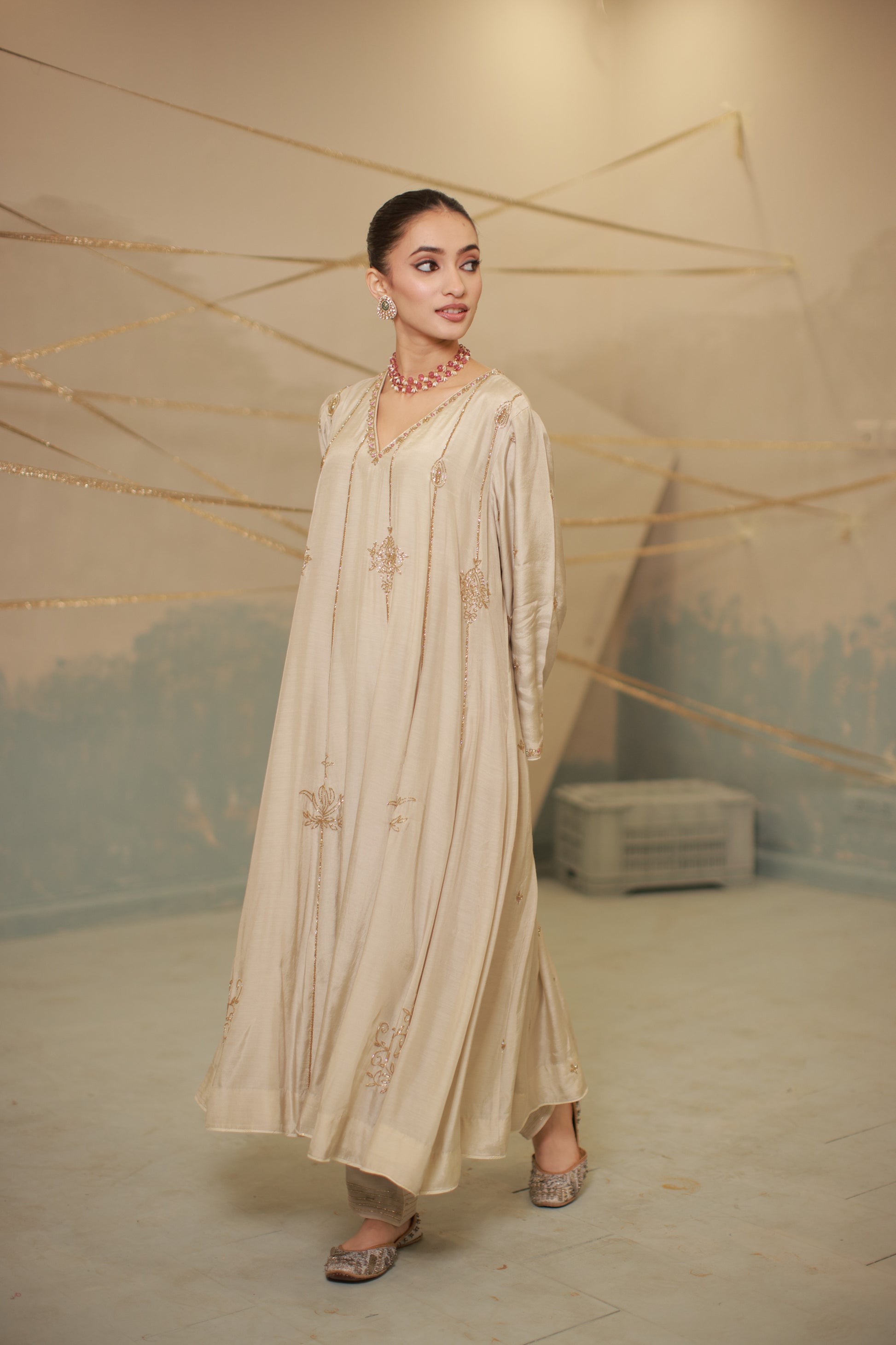 Grey ivory hand embroidered anarkali suit set