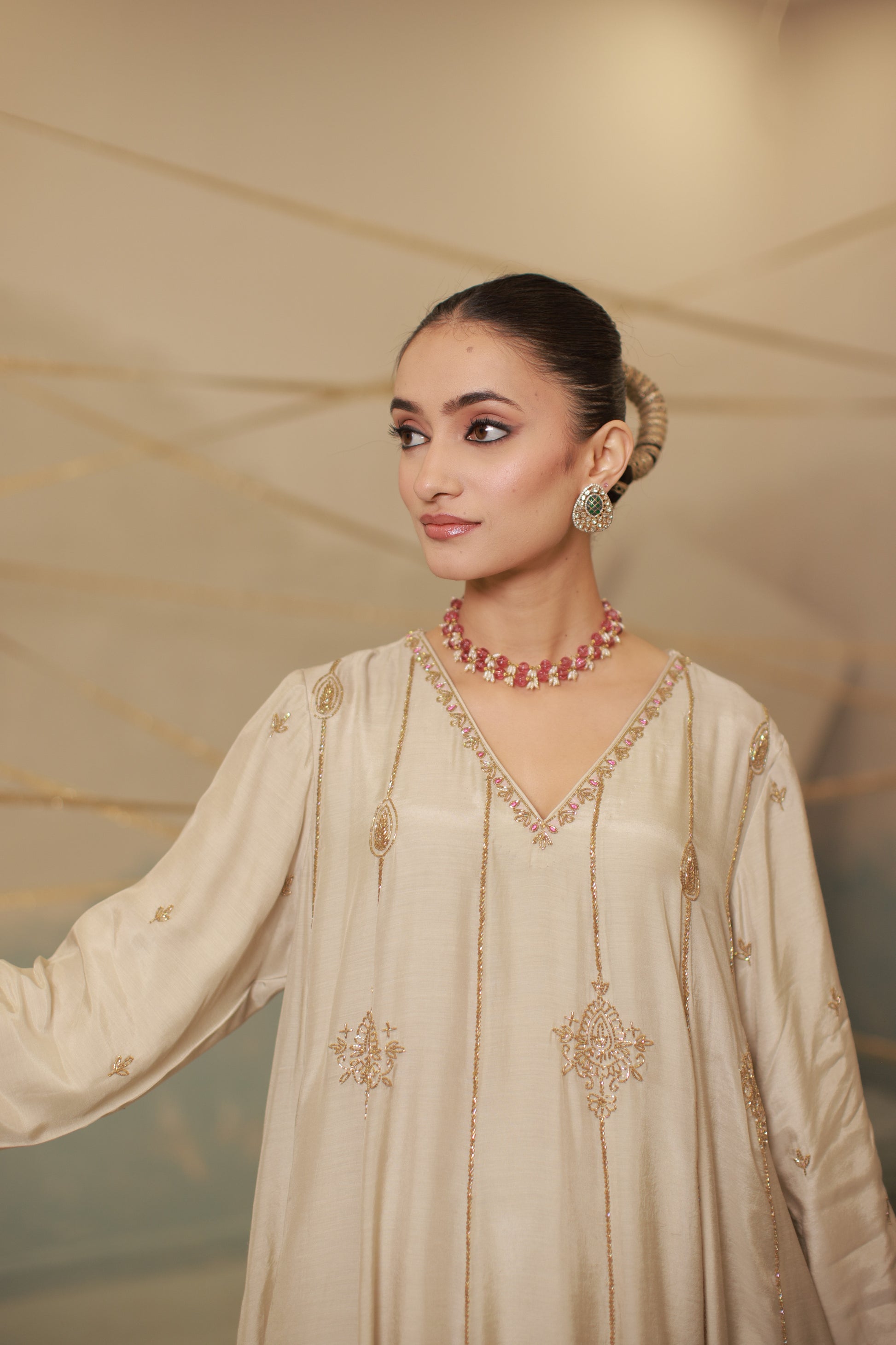 Grey ivory hand embroidered anarkali suit set