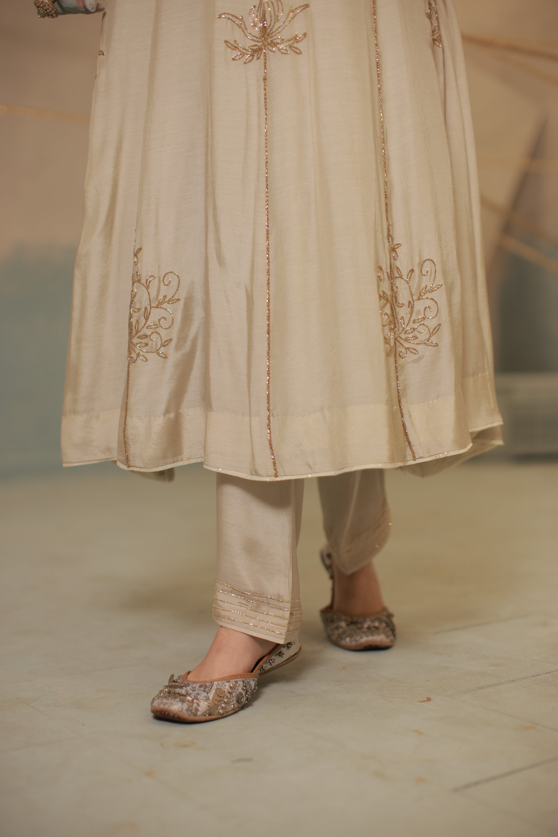 Grey ivory hand embroidered anarkali suit set