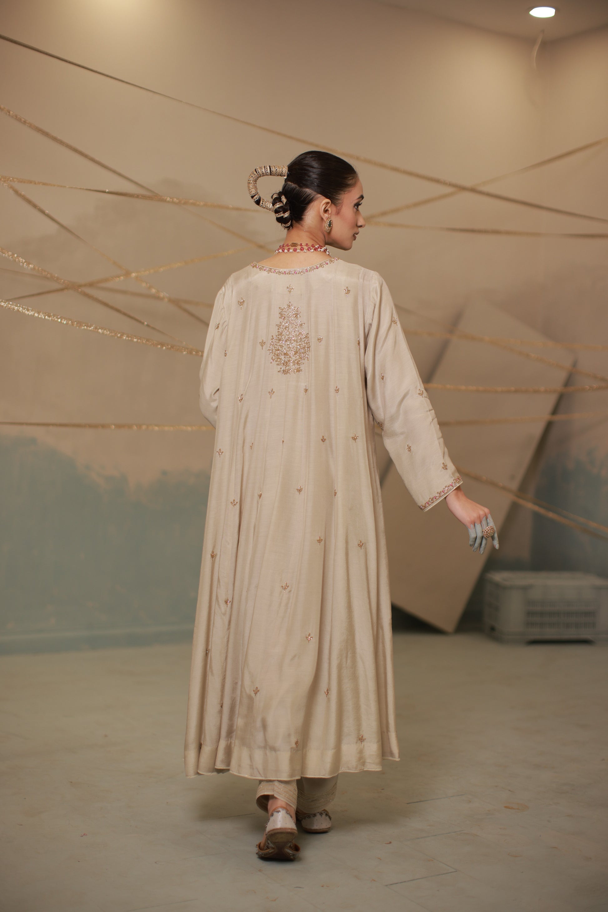 Grey ivory hand embroidered anarkali suit set