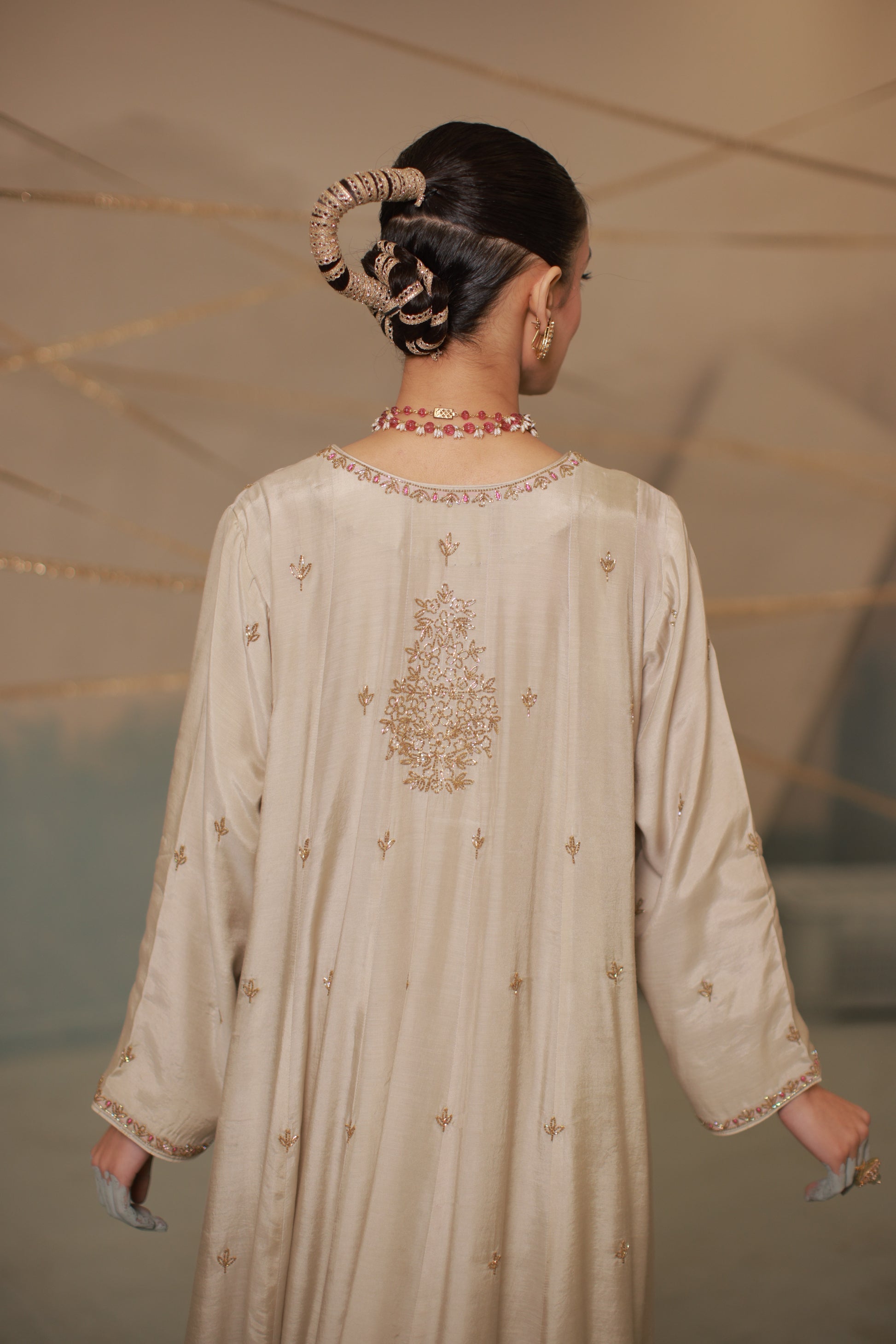 Grey ivory hand embroidered anarkali suit set