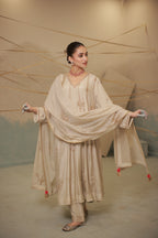 Grey ivory hand embroidered anarkali suit set