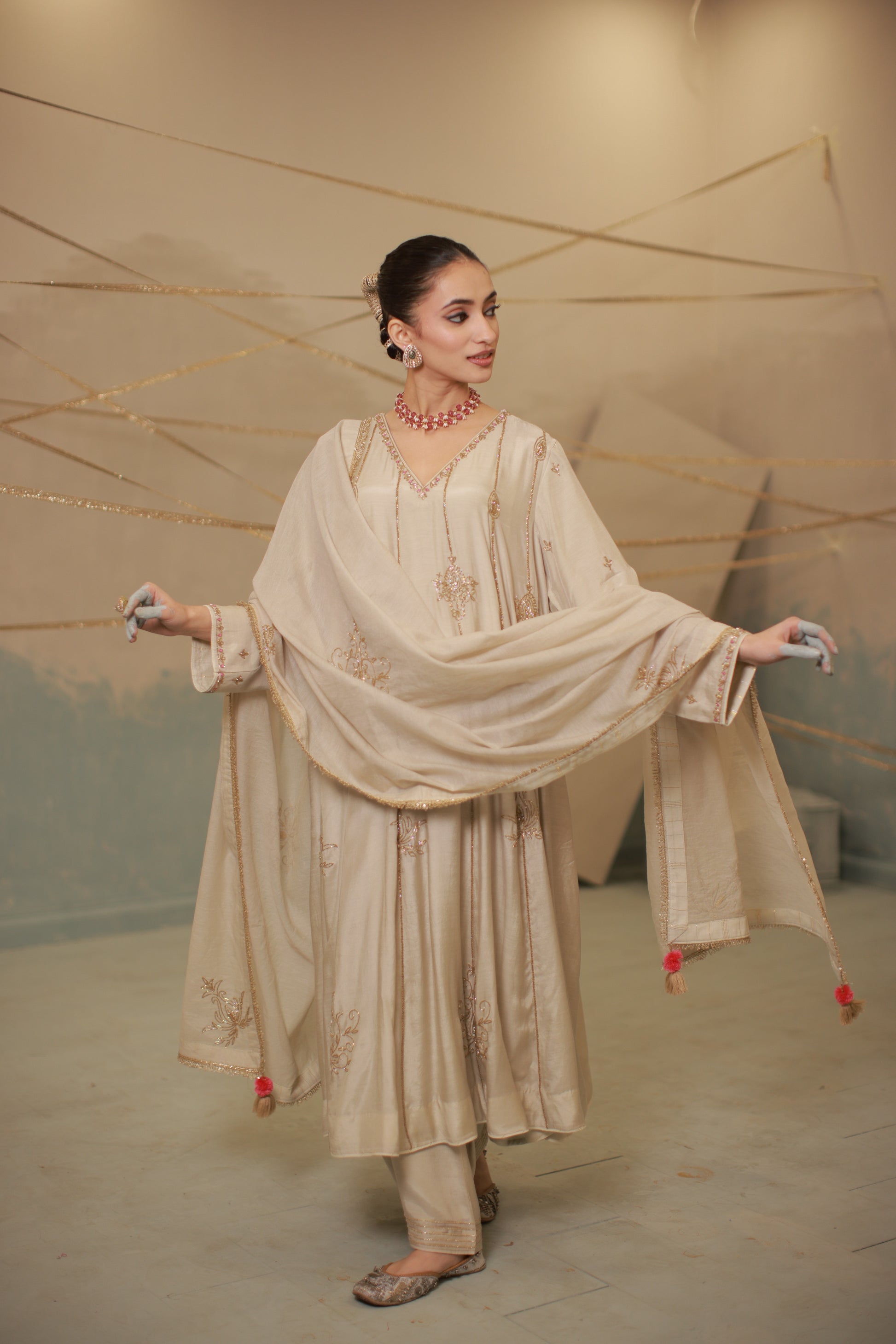Grey ivory hand embroidered anarkali suit set