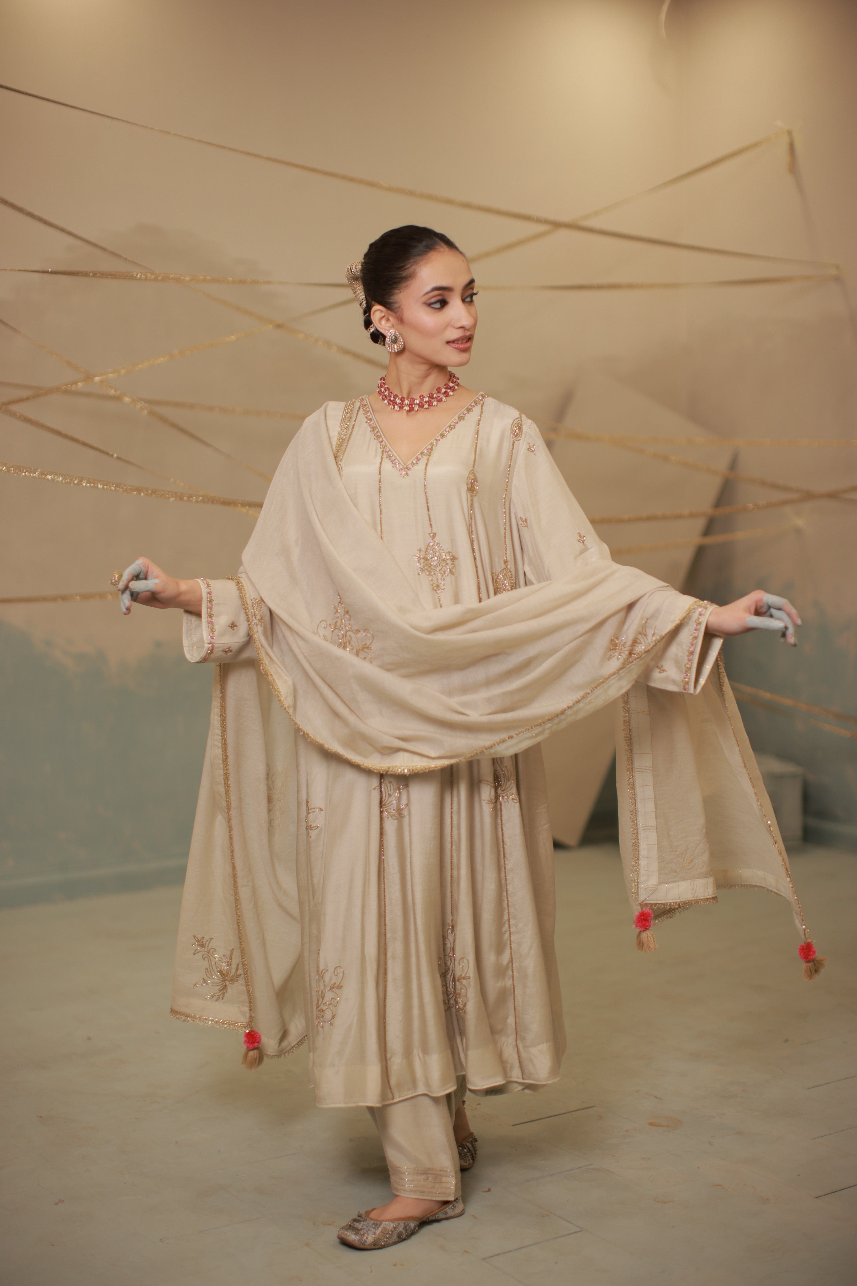 Grey ivory hand embroidered anarkali suit set