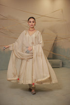 Grey ivory hand embroidered anarkali suit set