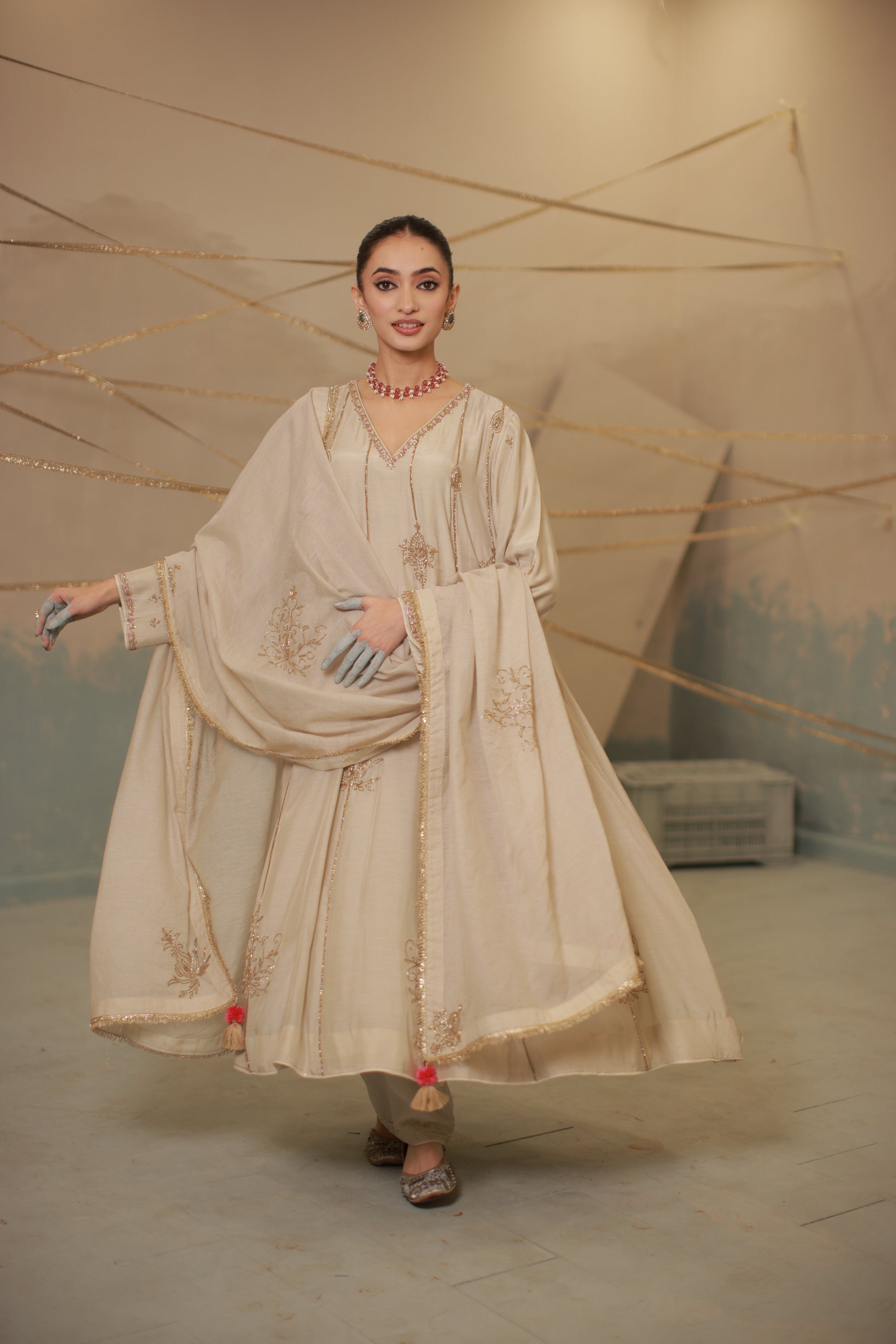Grey ivory hand embroidered anarkali suit set