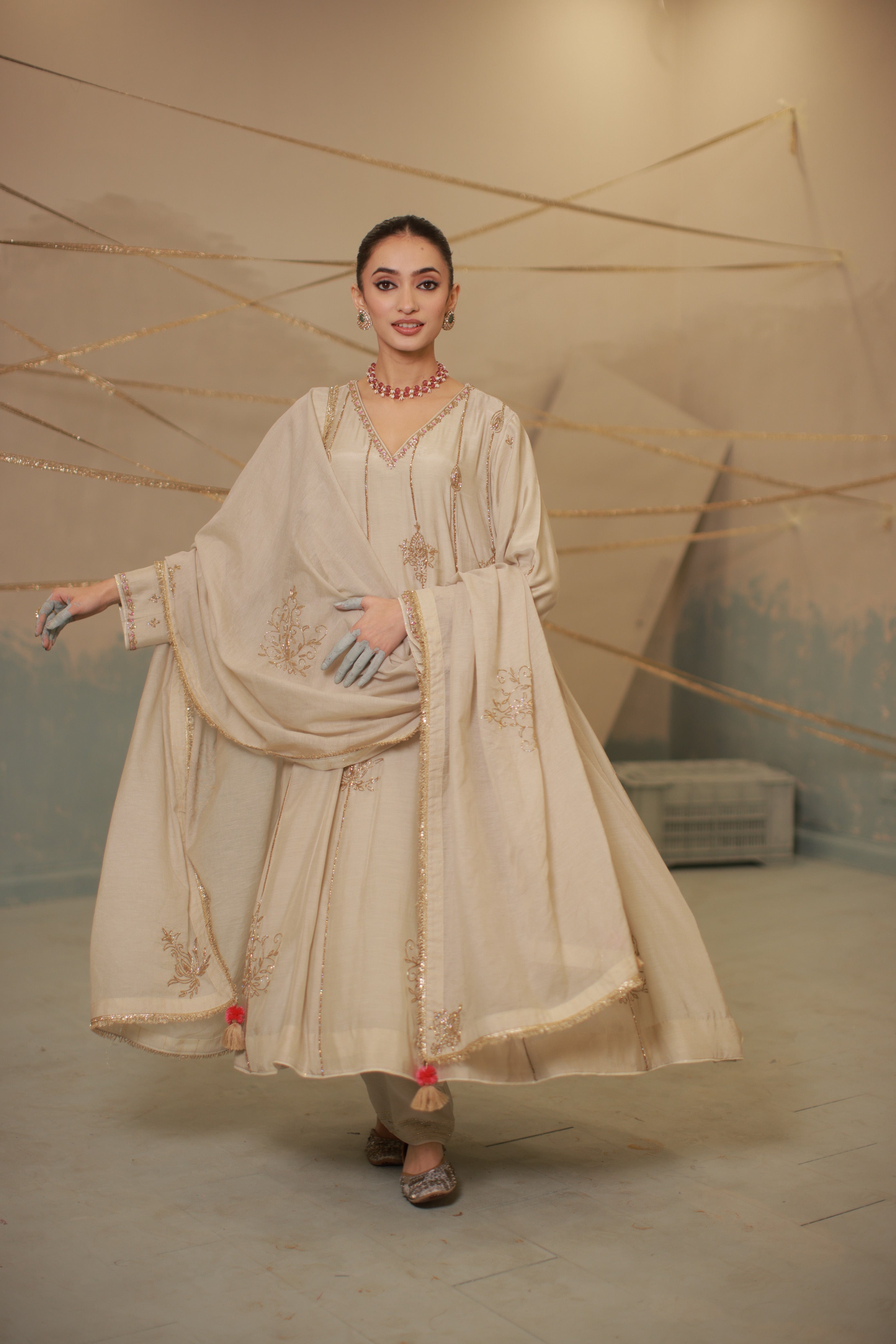 Grey ivory hand embroidered anarkali suit set