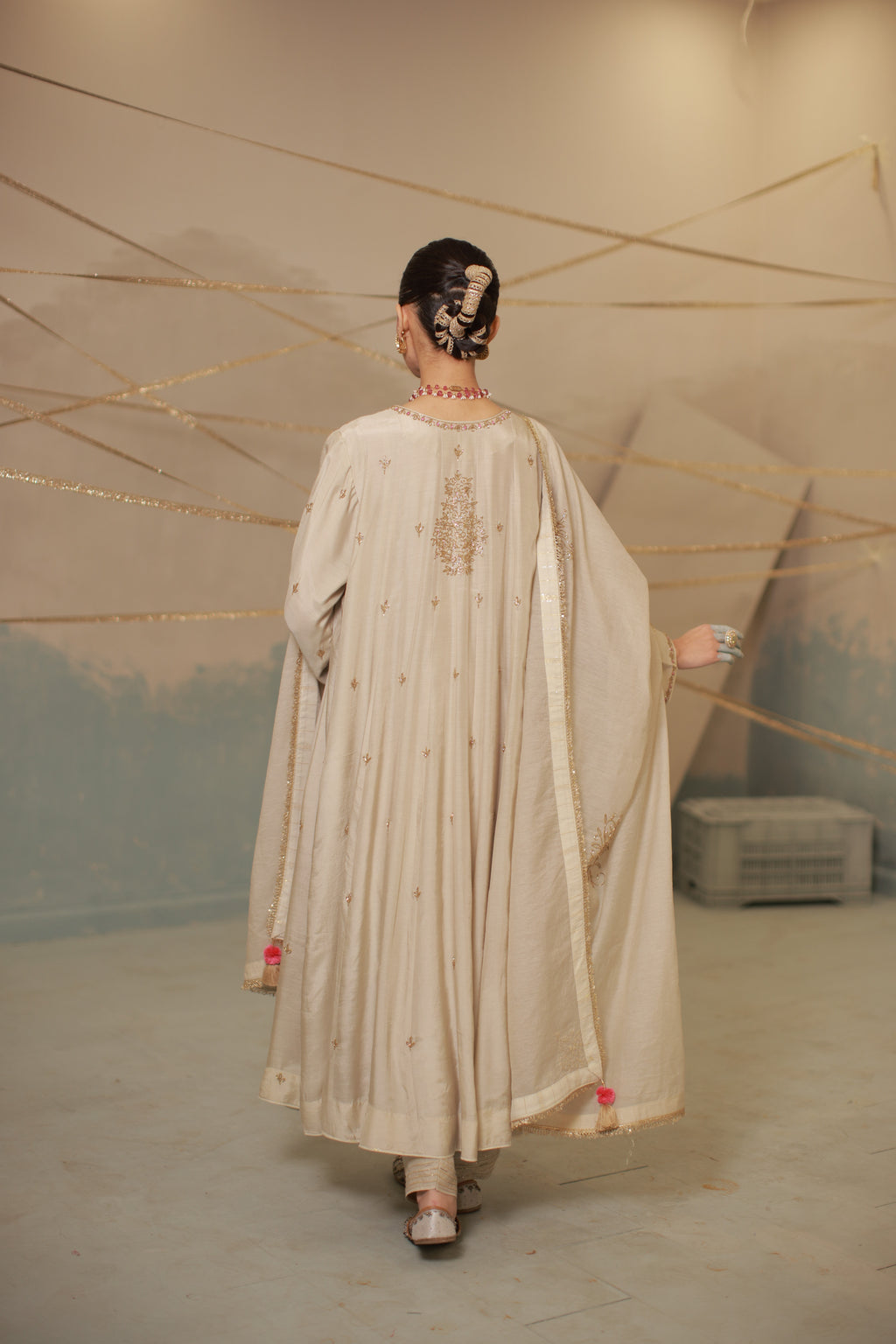 Grey ivory hand embroidered anarkali suit set