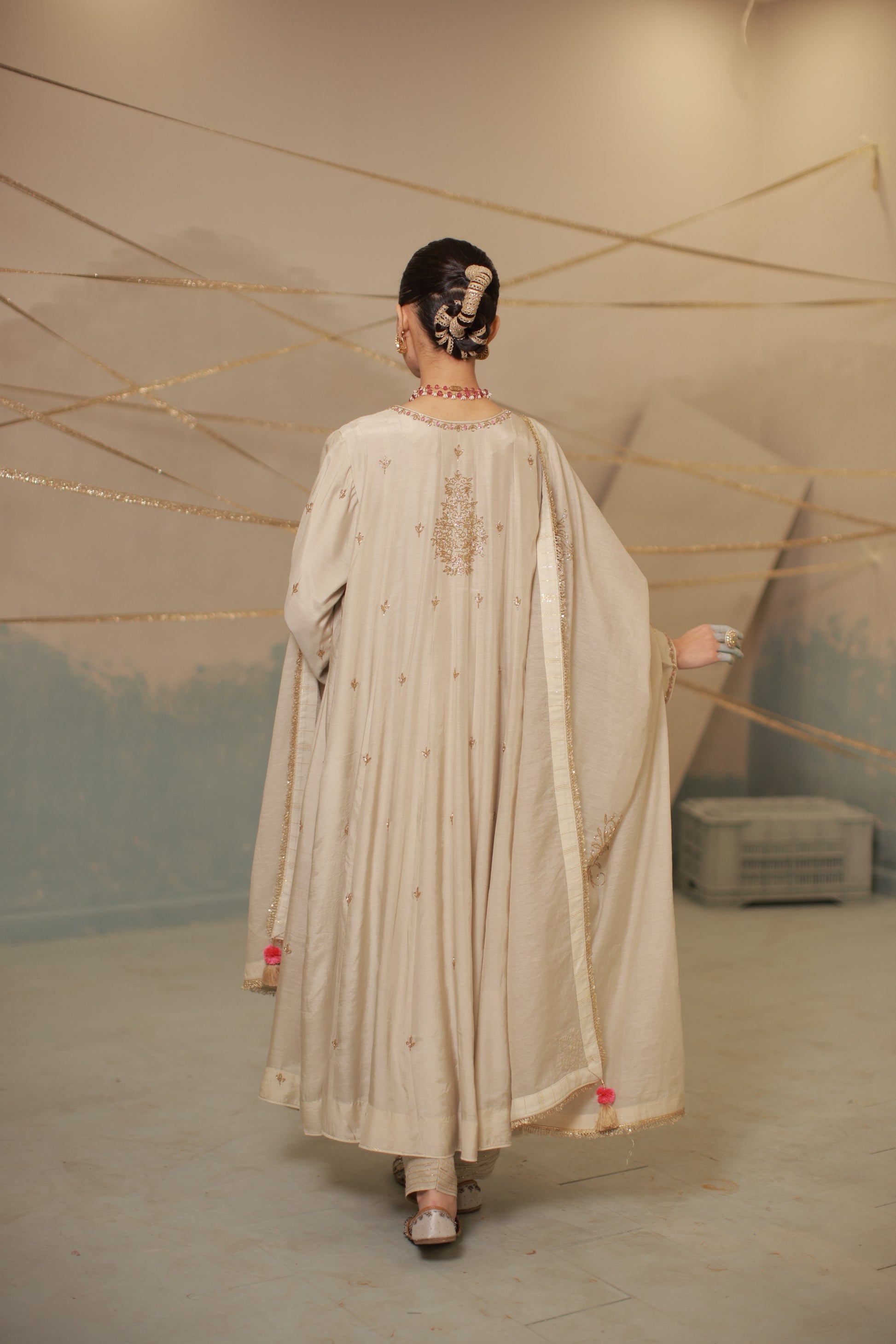Grey ivory hand embroidered anarkali suit set