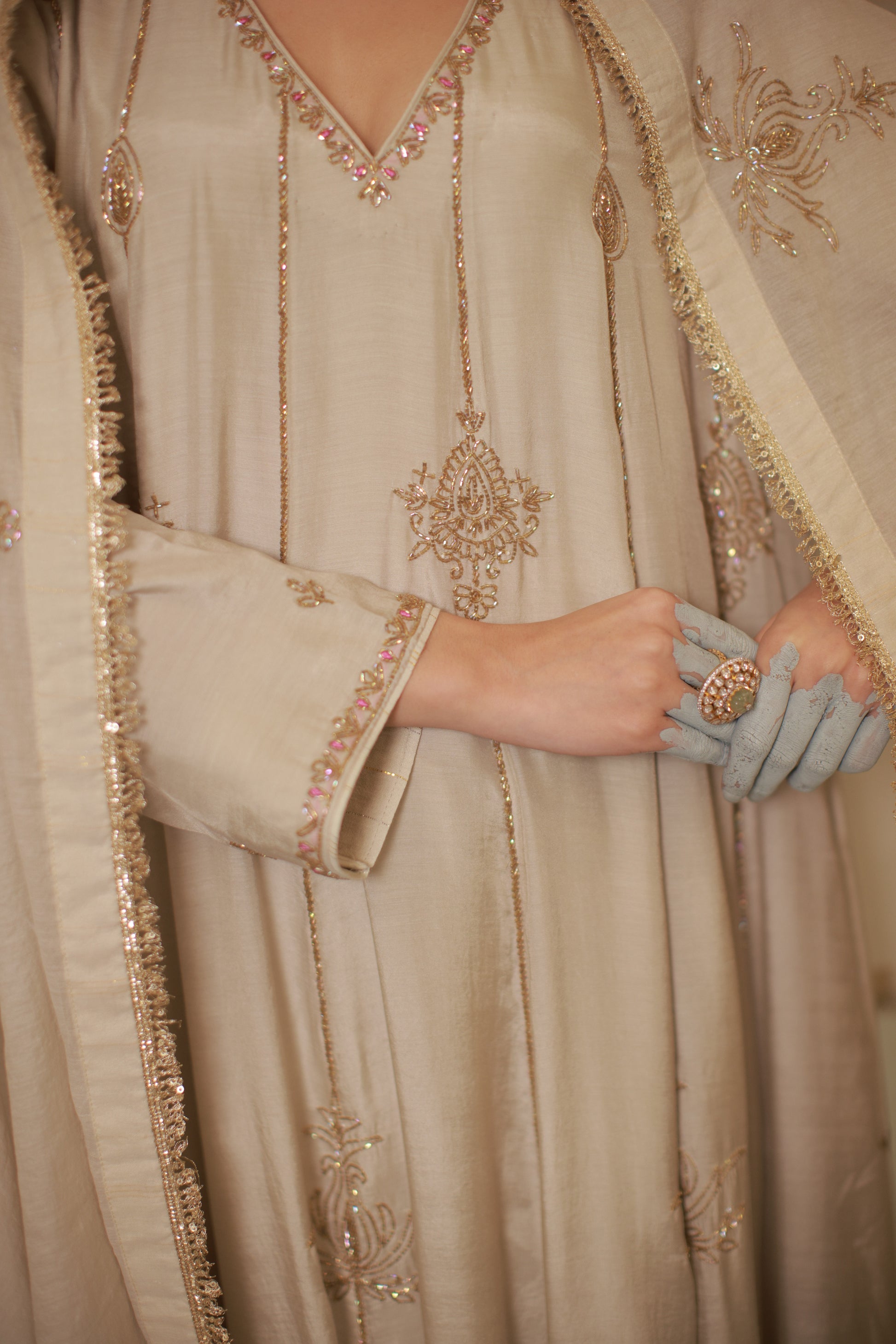 Grey ivory hand embroidered anarkali suit set