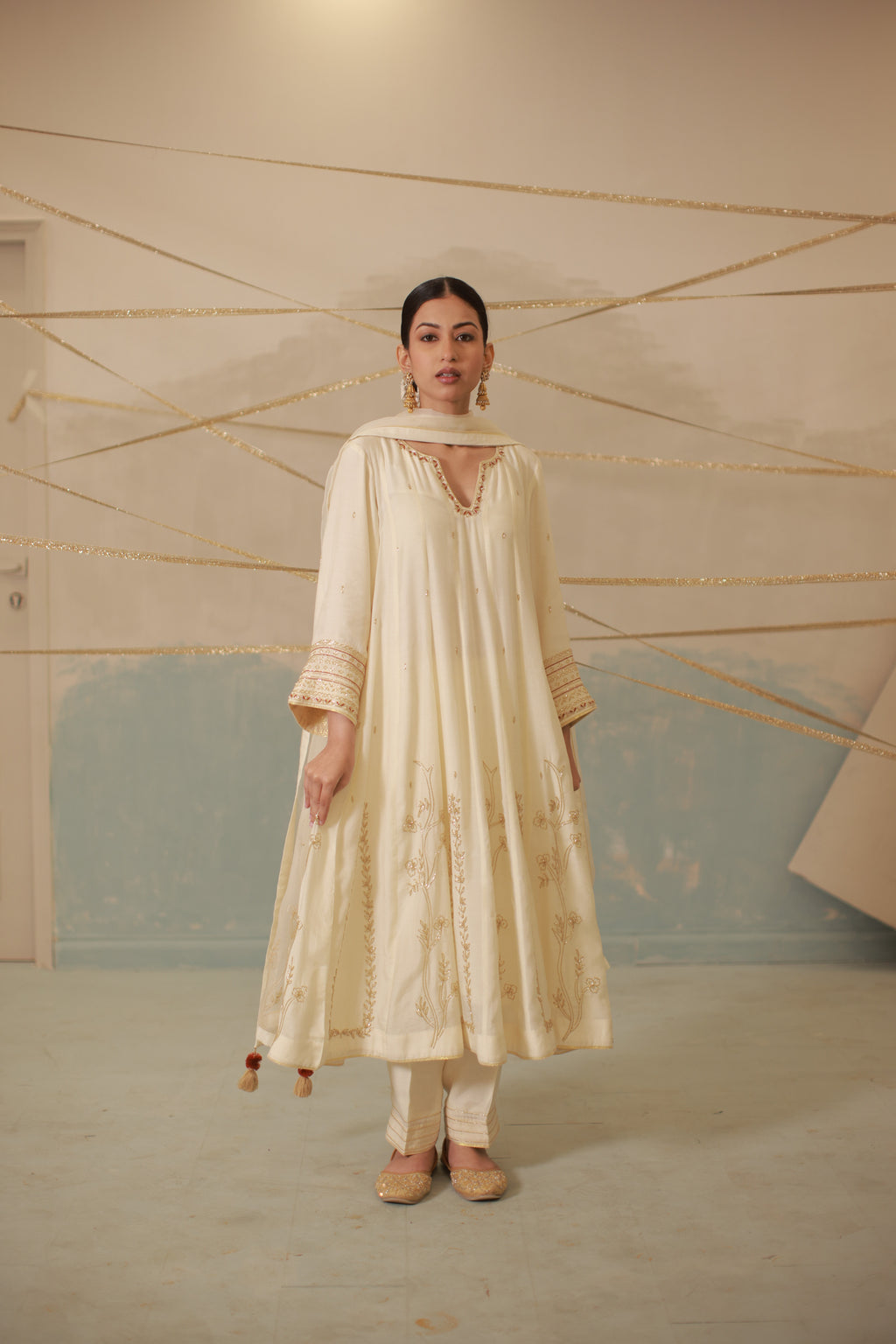 Ivory katdana and zari hand embroidered anarkali suit set