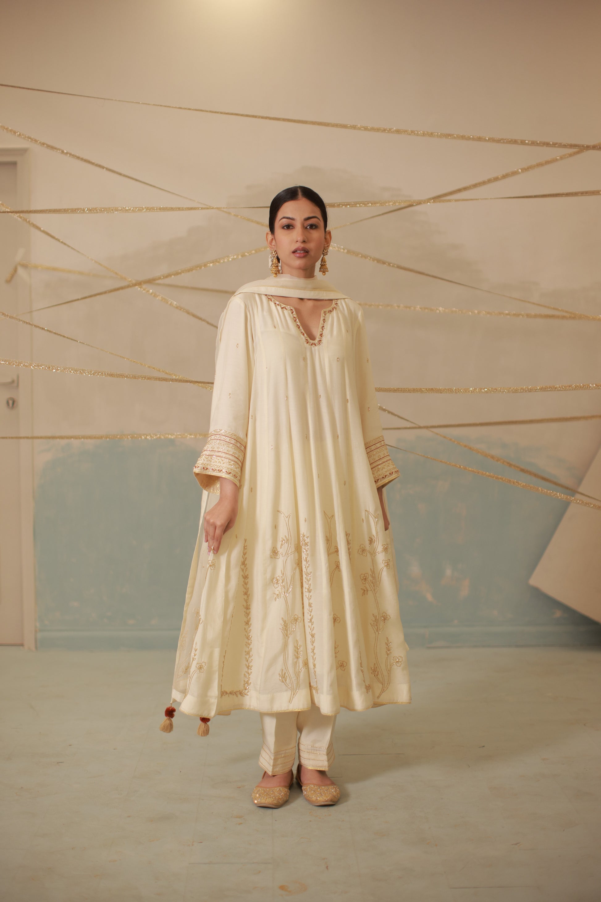Ivory katdana and zari hand embroidered anarkali suit set
