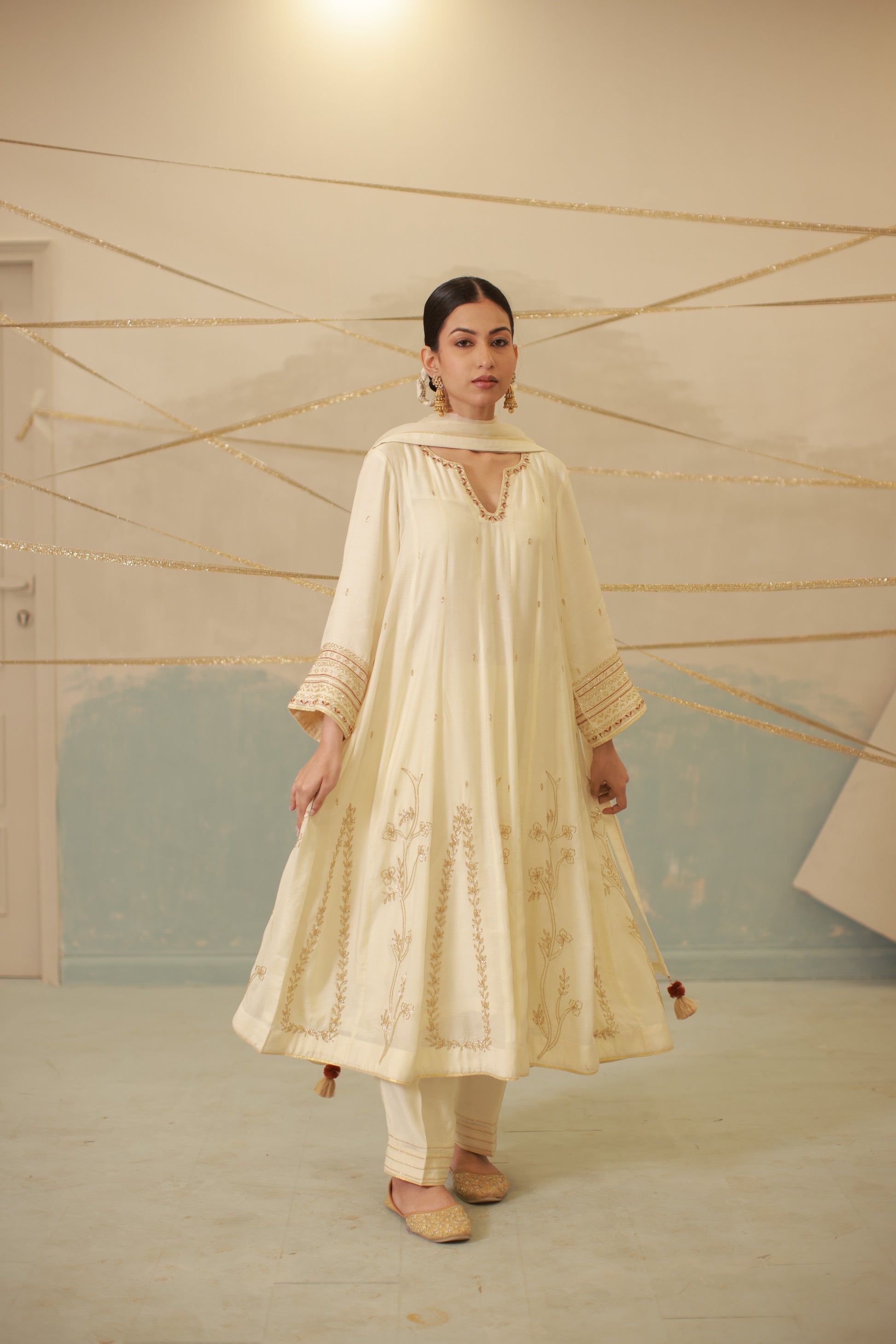 Ivory katdana and zari hand embroidered anarkali suit set