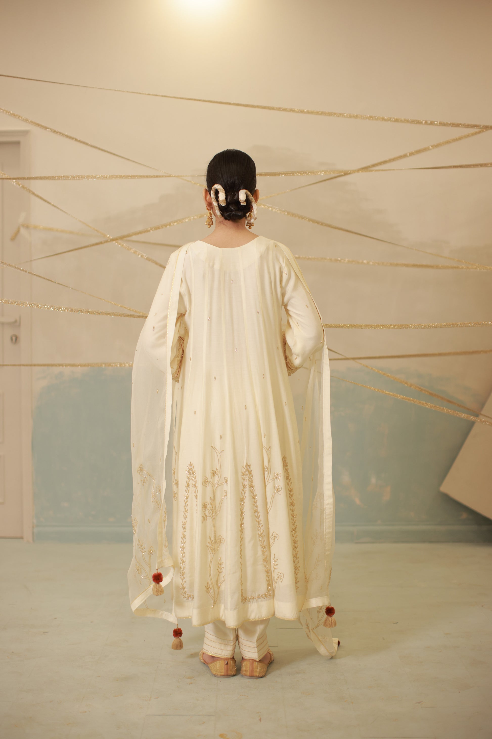 Ivory katdana and zari hand embroidered anarkali suit set