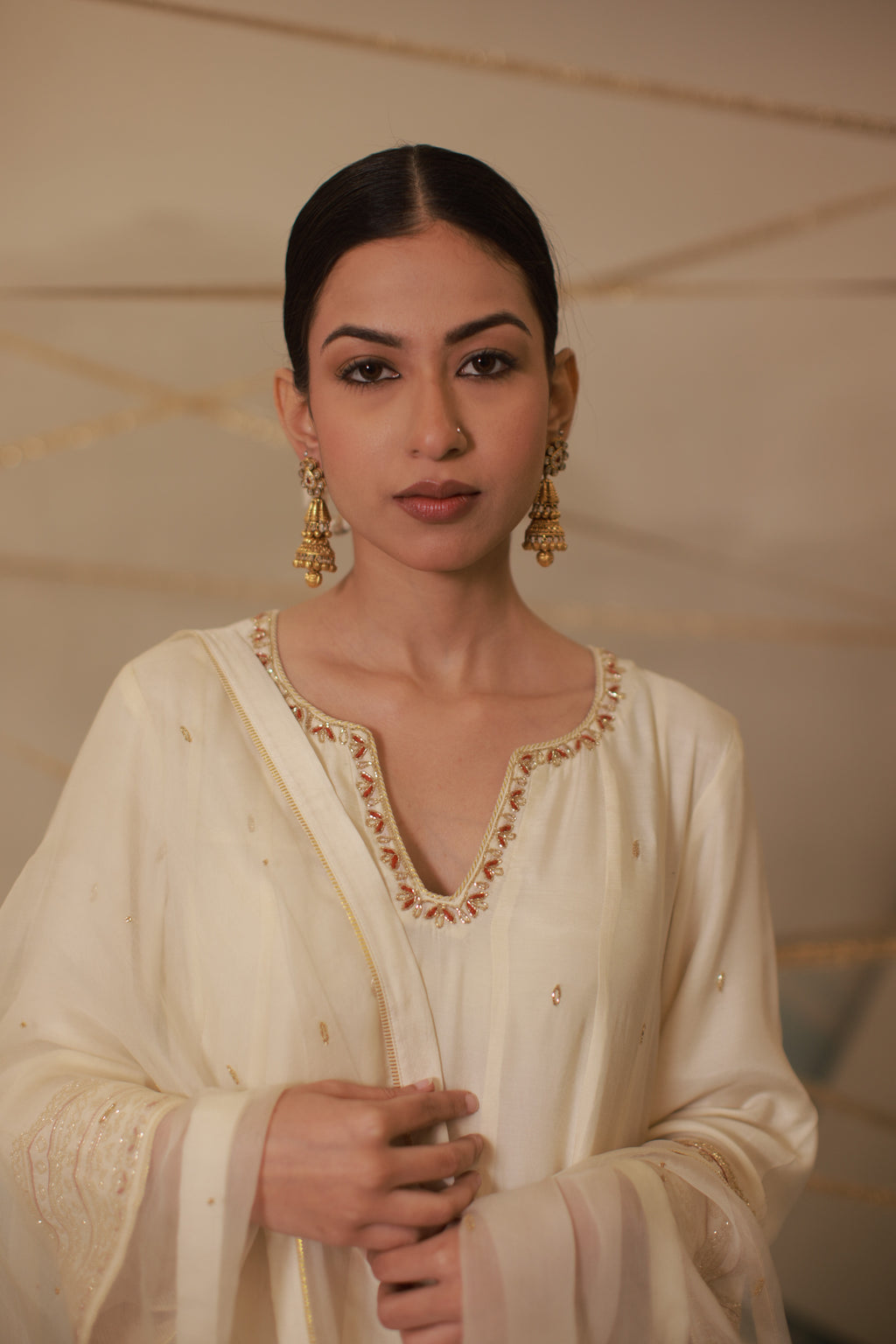 Ivory katdana and zari hand embroidered anarkali suit set