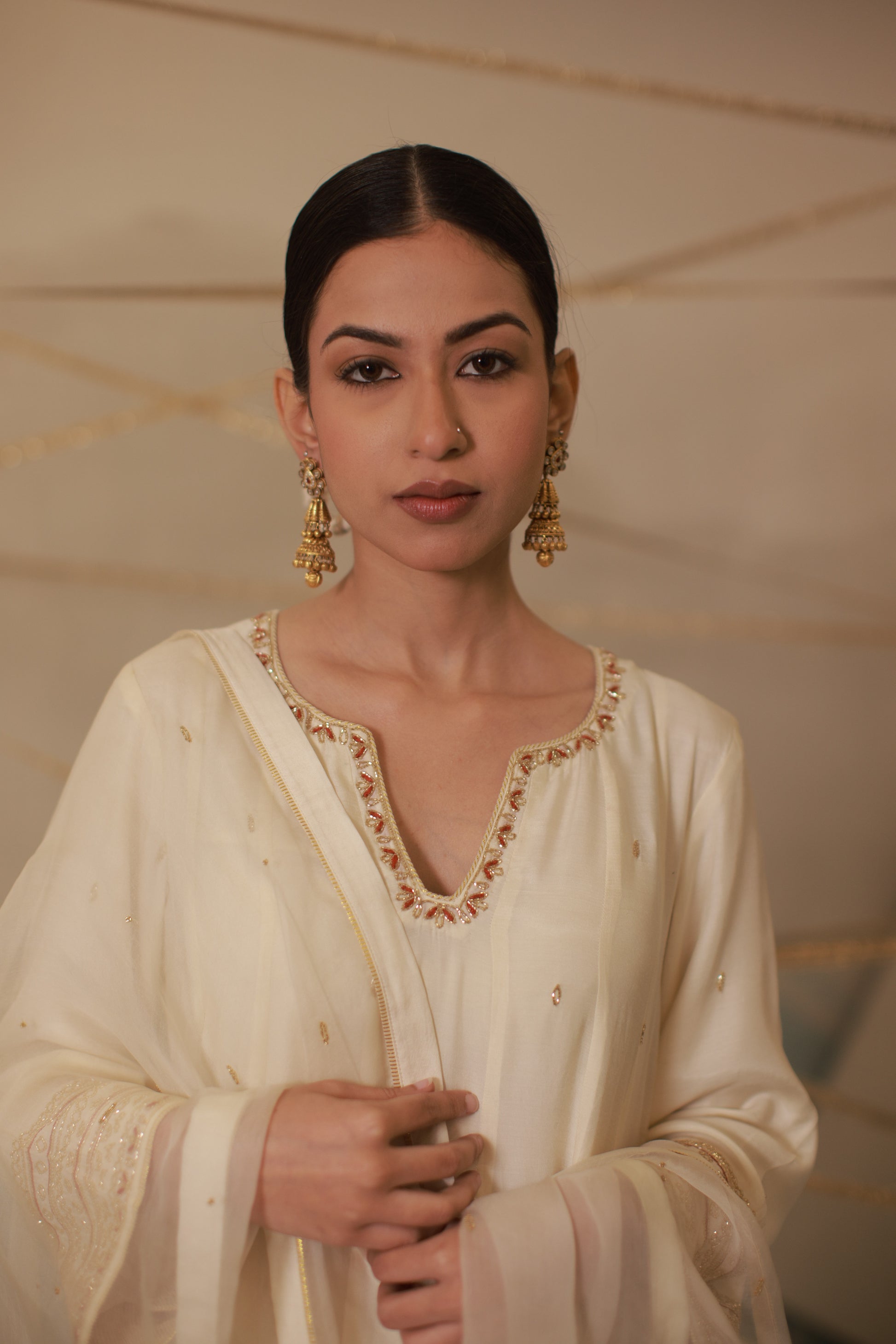 Ivory katdana and zari hand embroidered anarkali suit set