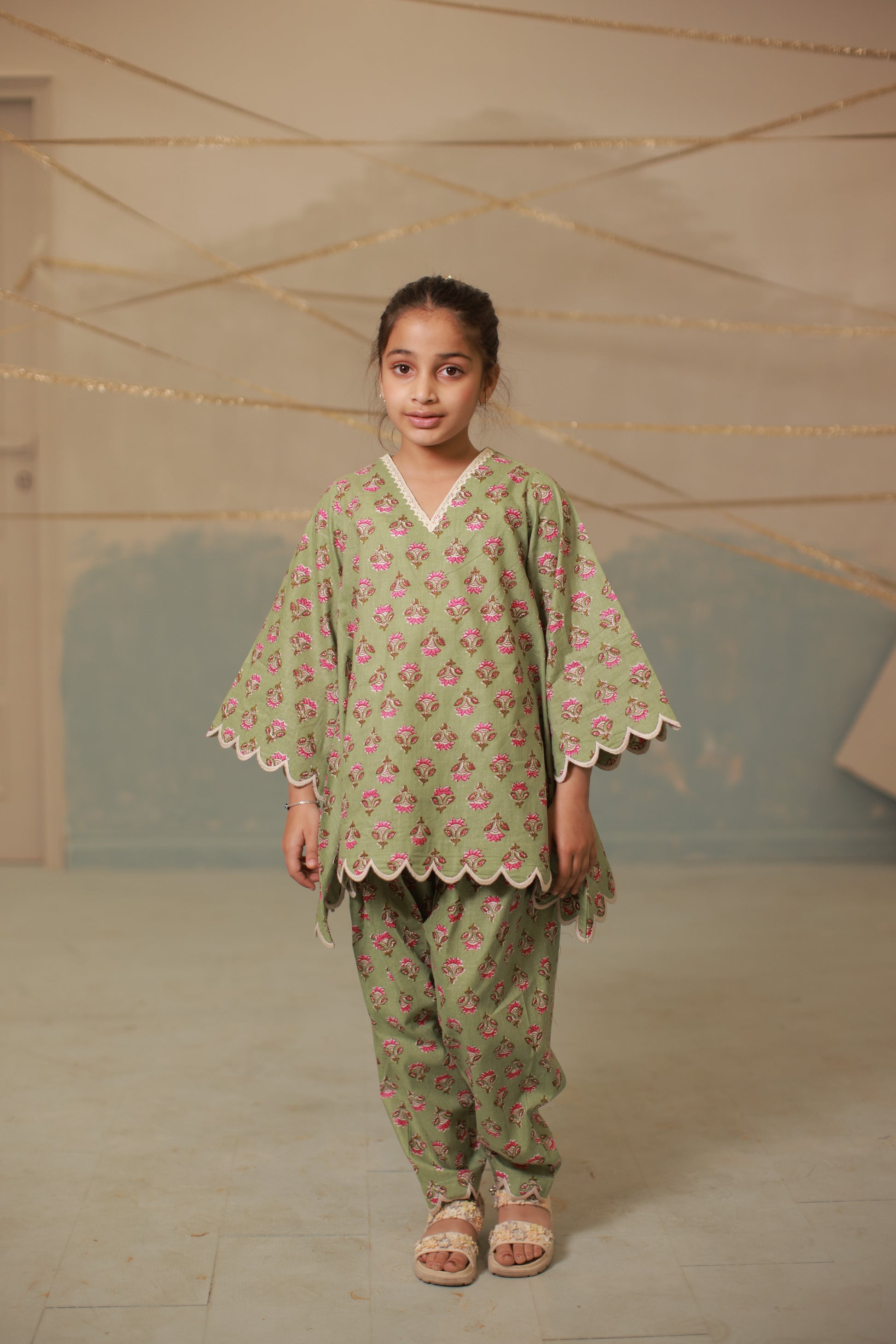 Green cream embroidery co-ord set with scallops for kids