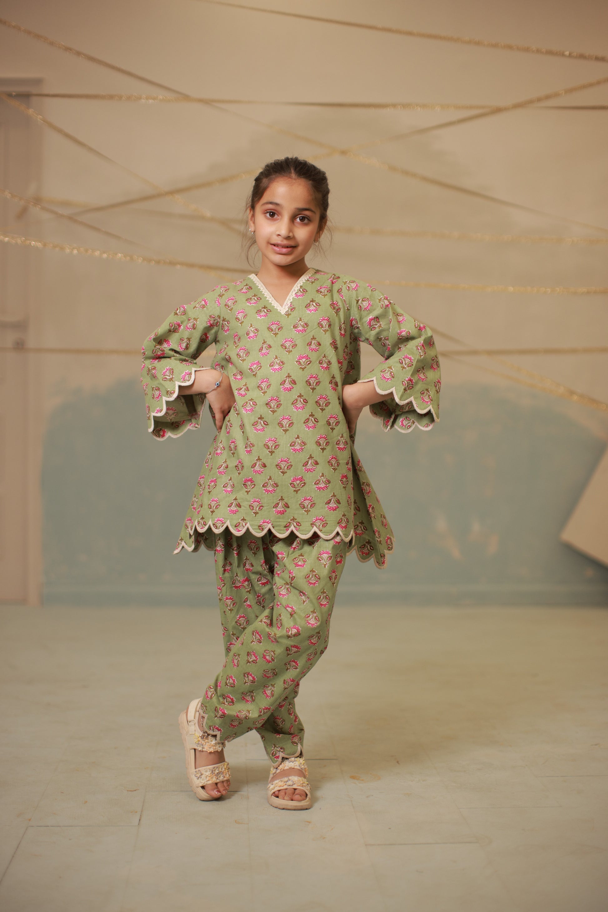 Green cream embroidery co-ord set with scallops for kids