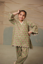 Green cream embroidery co-ord set with scallops for kids