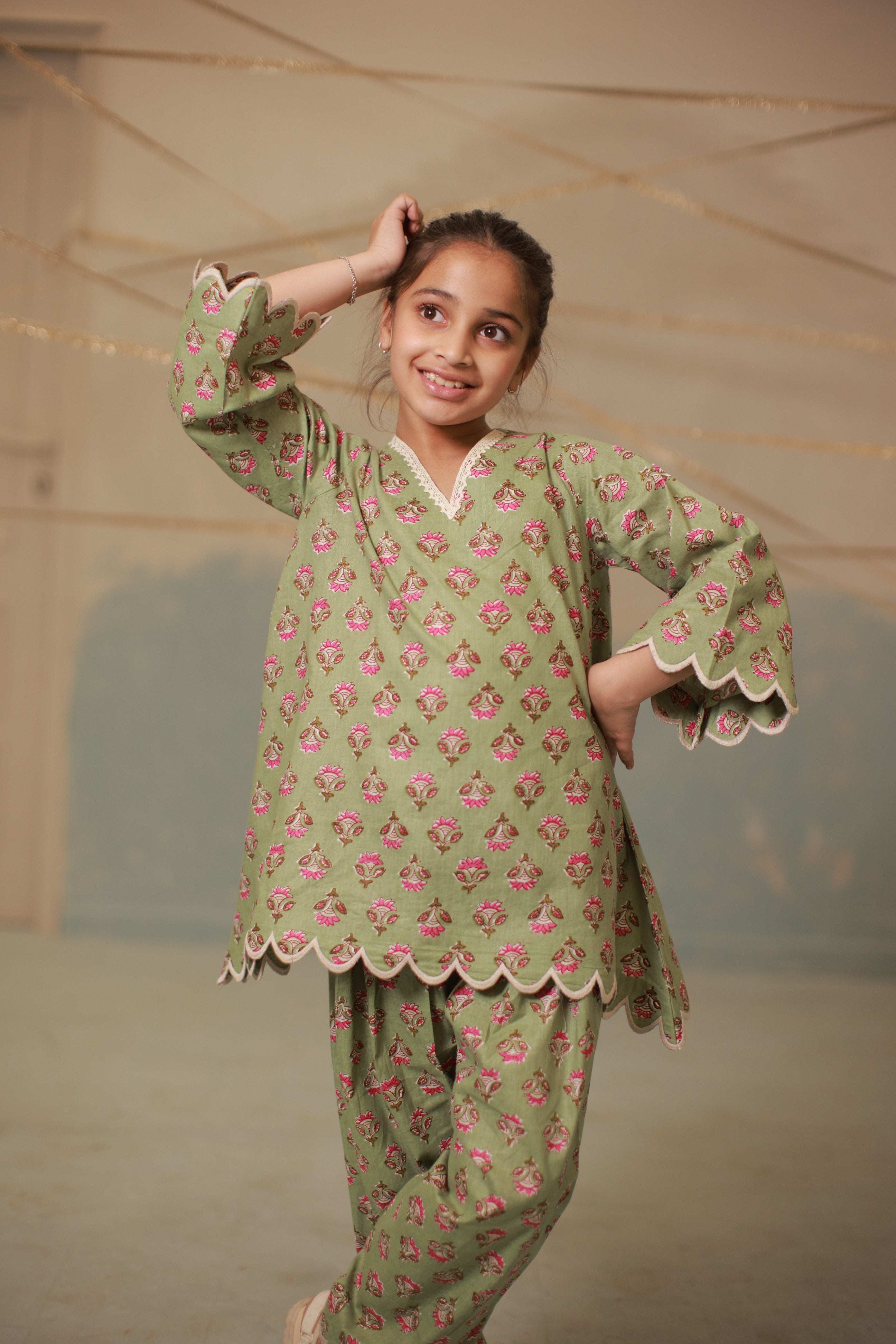 Green cream embroidery co-ord set with scallops for kids