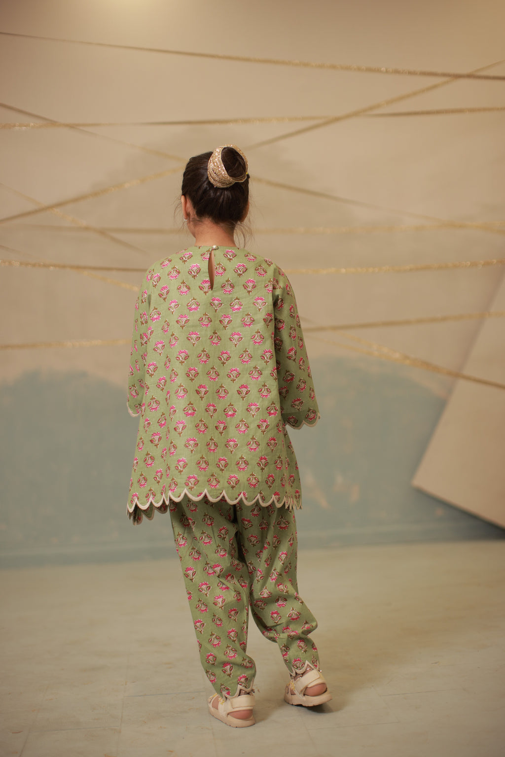 Green cream embroidery co-ord set with scallops for kids