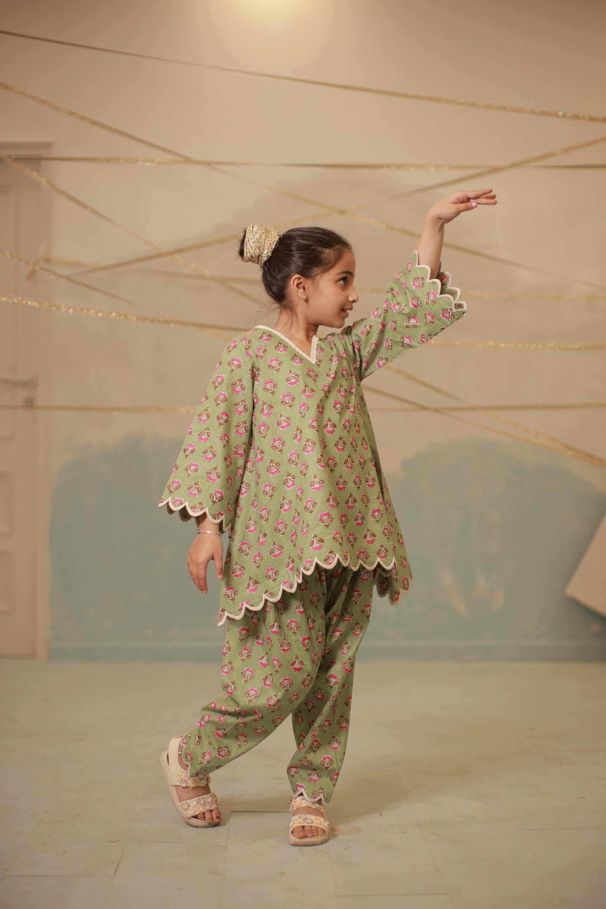 Green cream embroidery co-ord set with scallops for kids