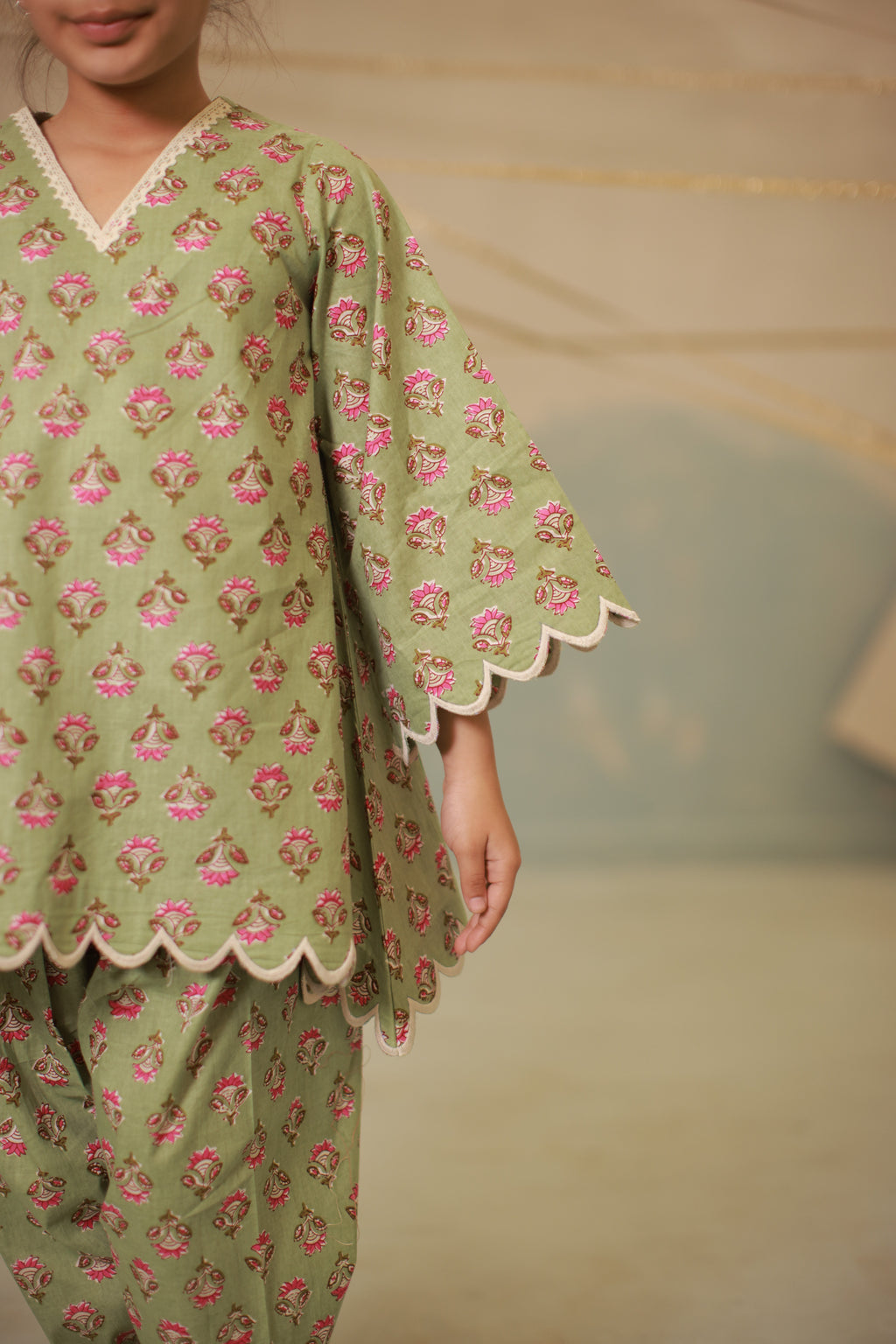 Green cream embroidery co-ord set with scallops for kids