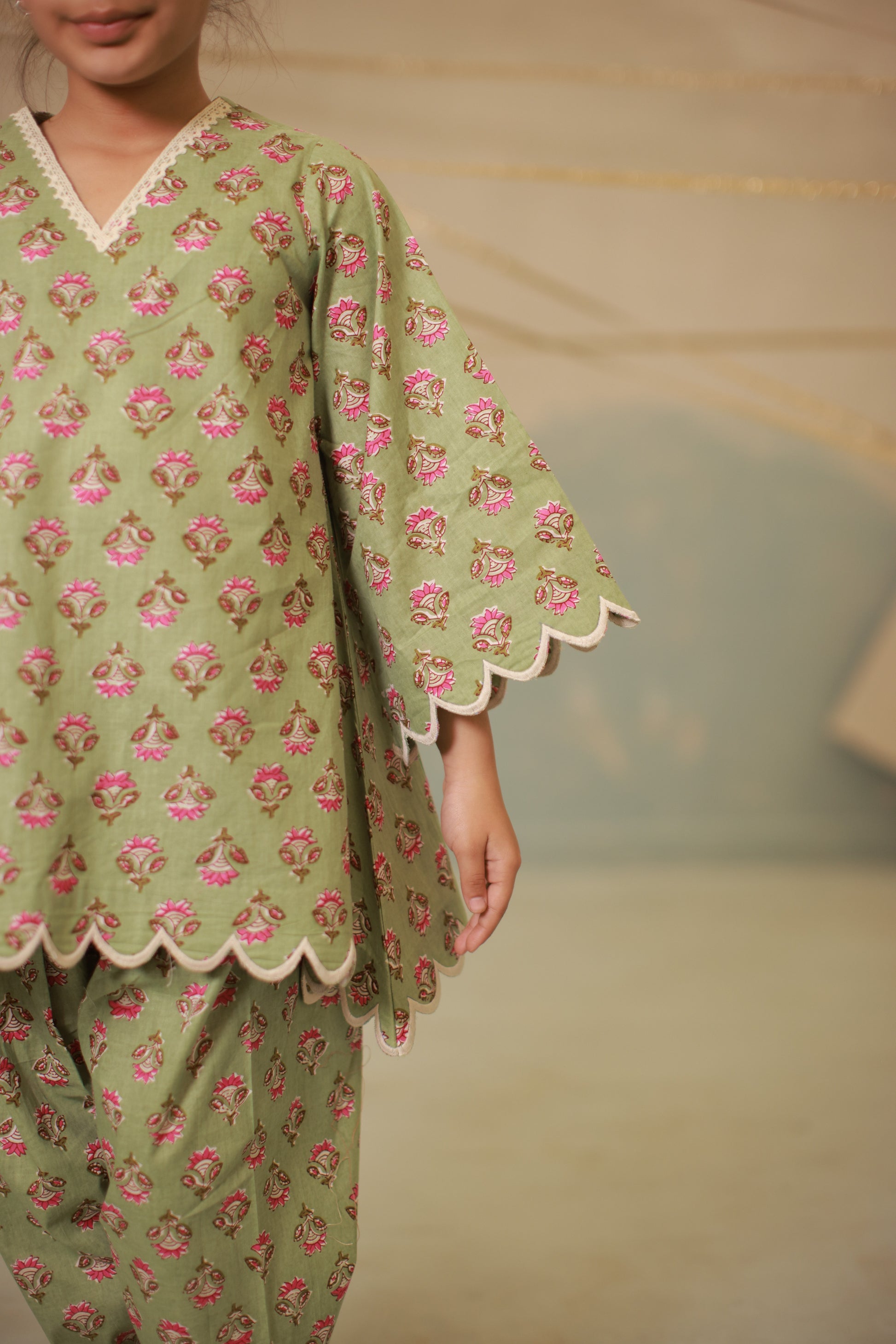 Green cream embroidery co-ord set with scallops for kids